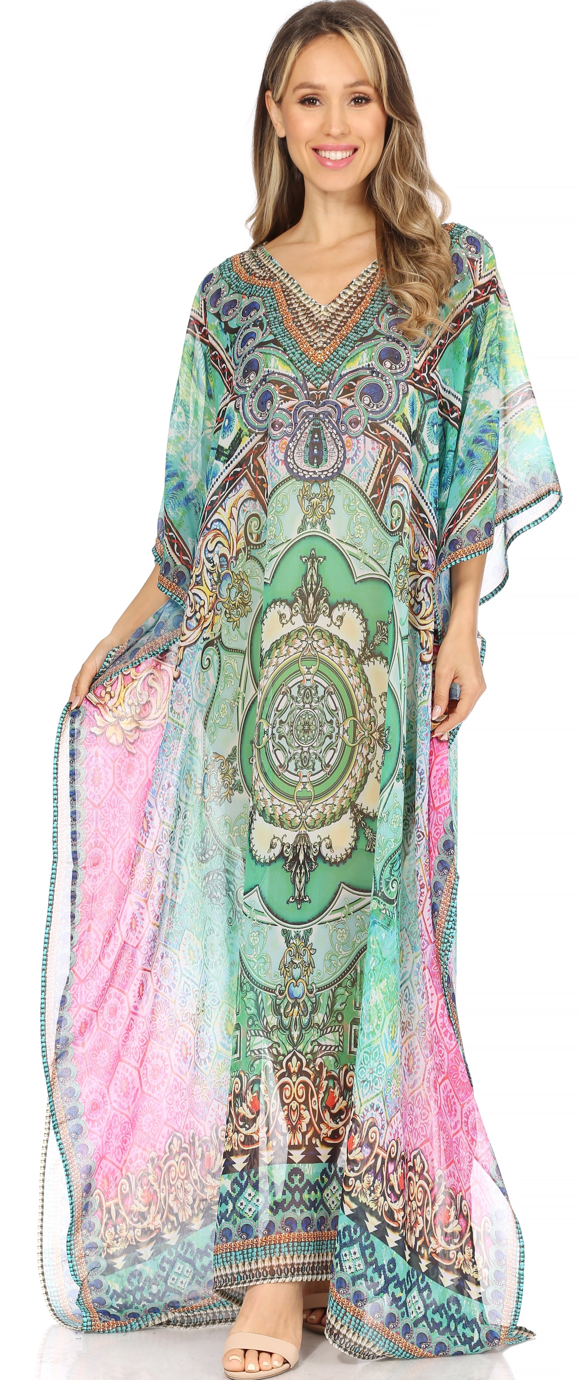 Sakkas Wilder Printed Design Long Sheer Rhinestone Caftan Dress / Cover Up - Concordia Style Boutique