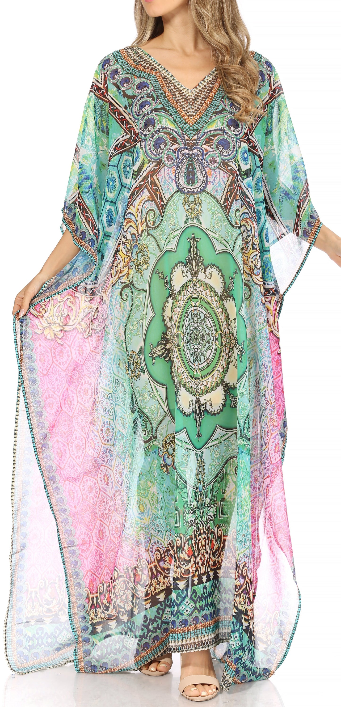 Sakkas Wilder Printed Design Long Sheer Rhinestone Caftan Dress / Cover Up - Concordia Style Boutique