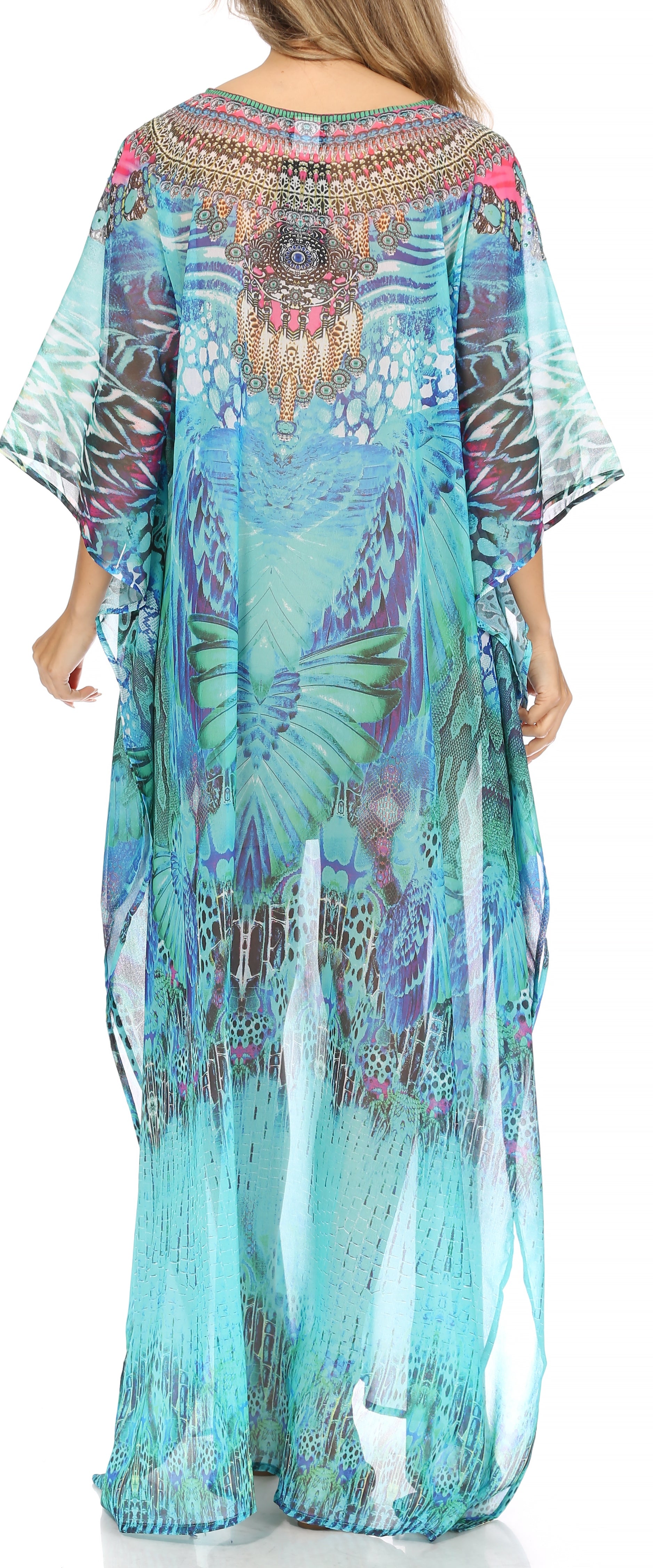 Sakkas Wilder Printed Design Long Sheer Rhinestone Caftan Dress / Cover Up - Concordia Style Boutique