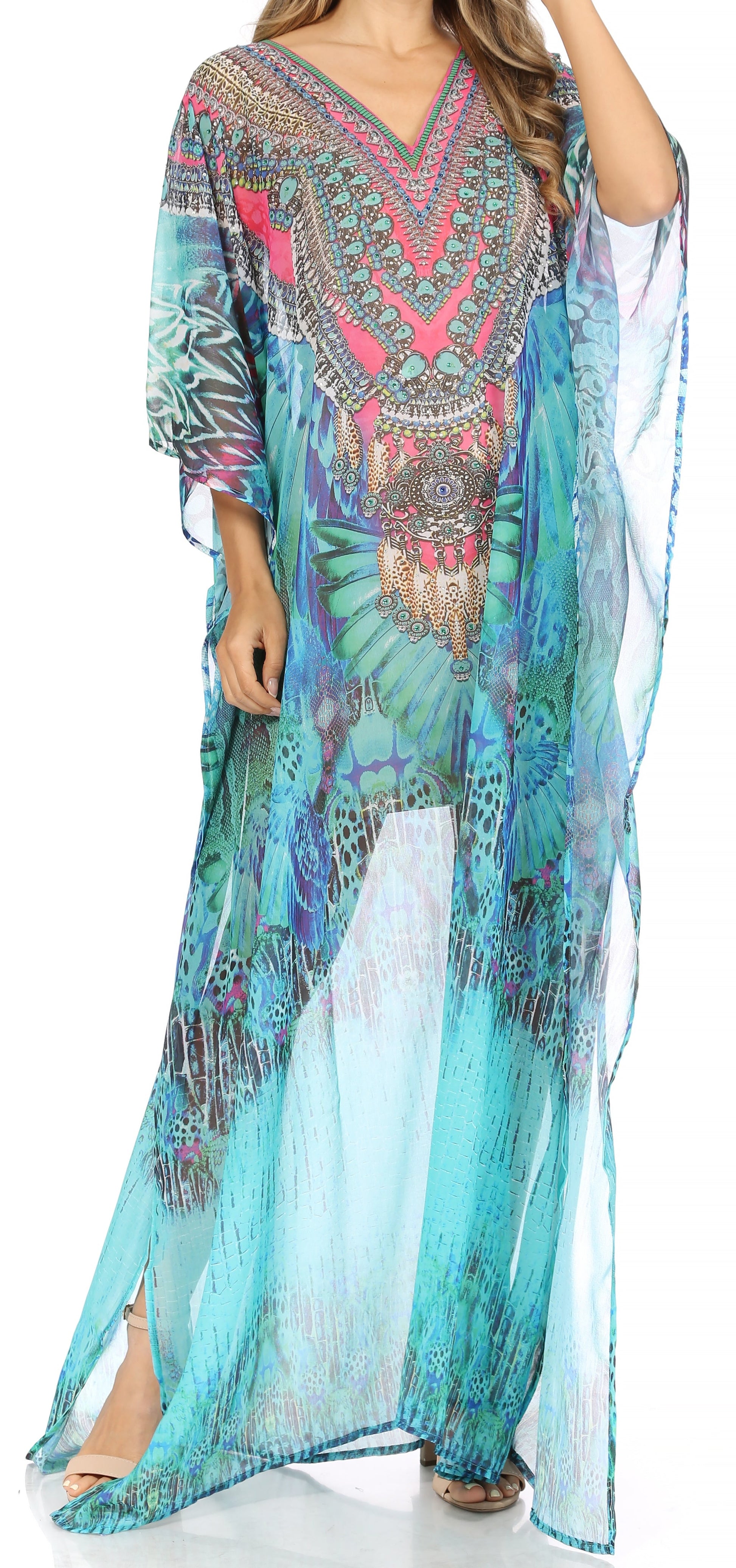 Sakkas Wilder Printed Design Long Sheer Rhinestone Caftan Dress / Cover Up - Concordia Style Boutique
