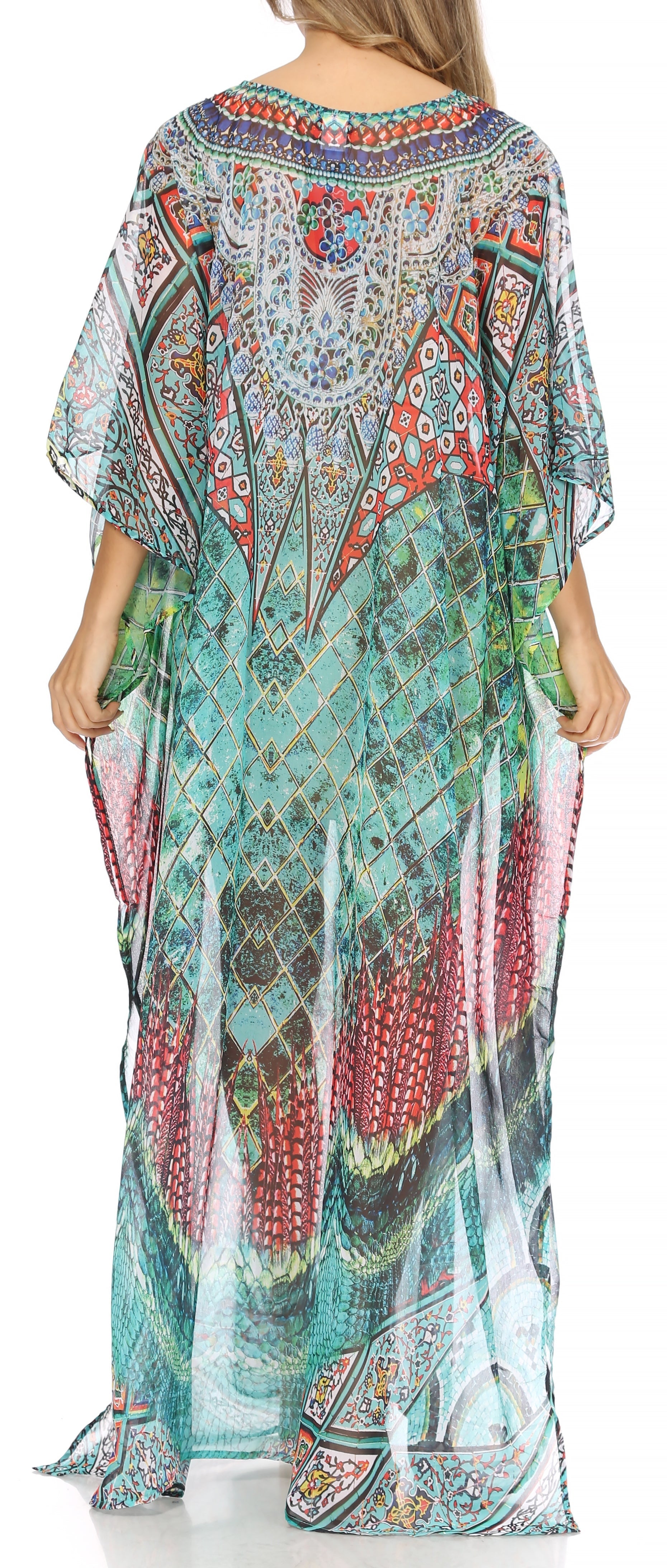 Sakkas Wilder Printed Design Long Sheer Rhinestone Caftan Dress / Cover Up - Concordia Style Boutique