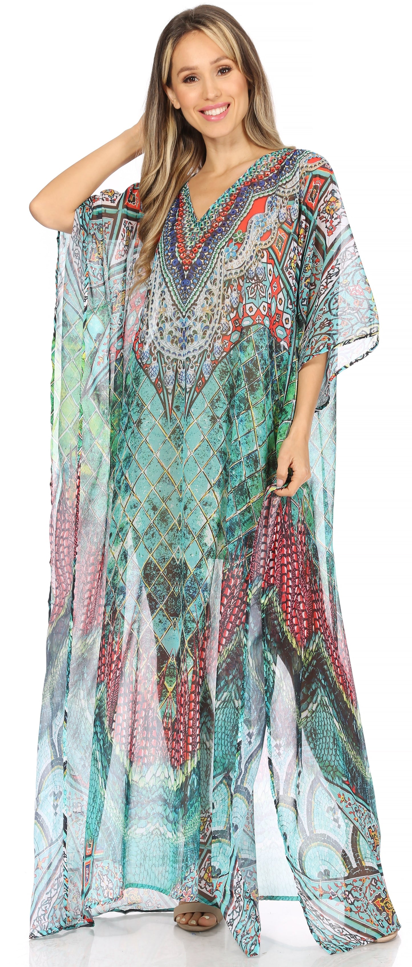 Sakkas Wilder Printed Design Long Sheer Rhinestone Caftan Dress / Cover Up - Concordia Style Boutique