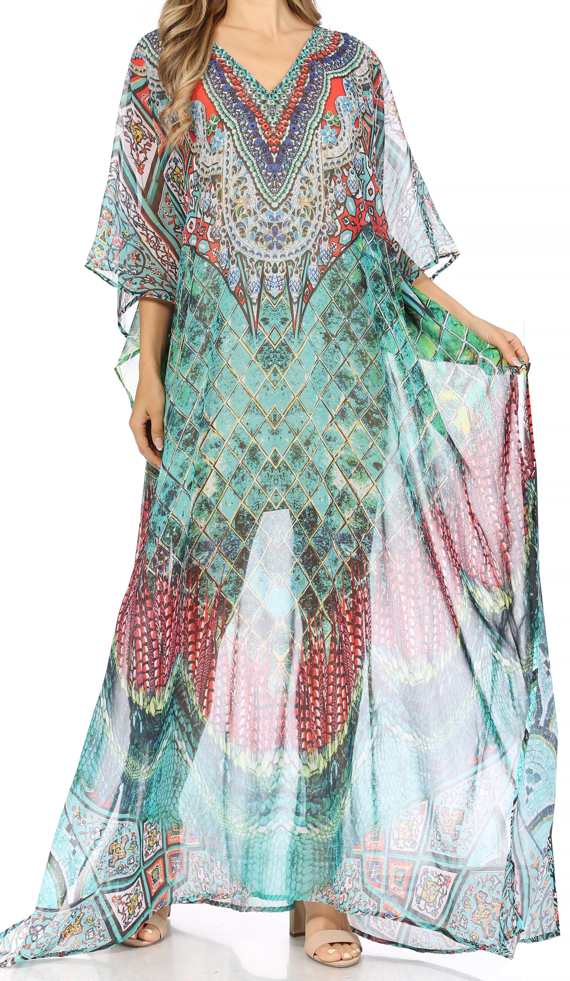 Sakkas Wilder Printed Design Long Sheer Rhinestone Caftan Dress / Cover Up - Concordia Style Boutique