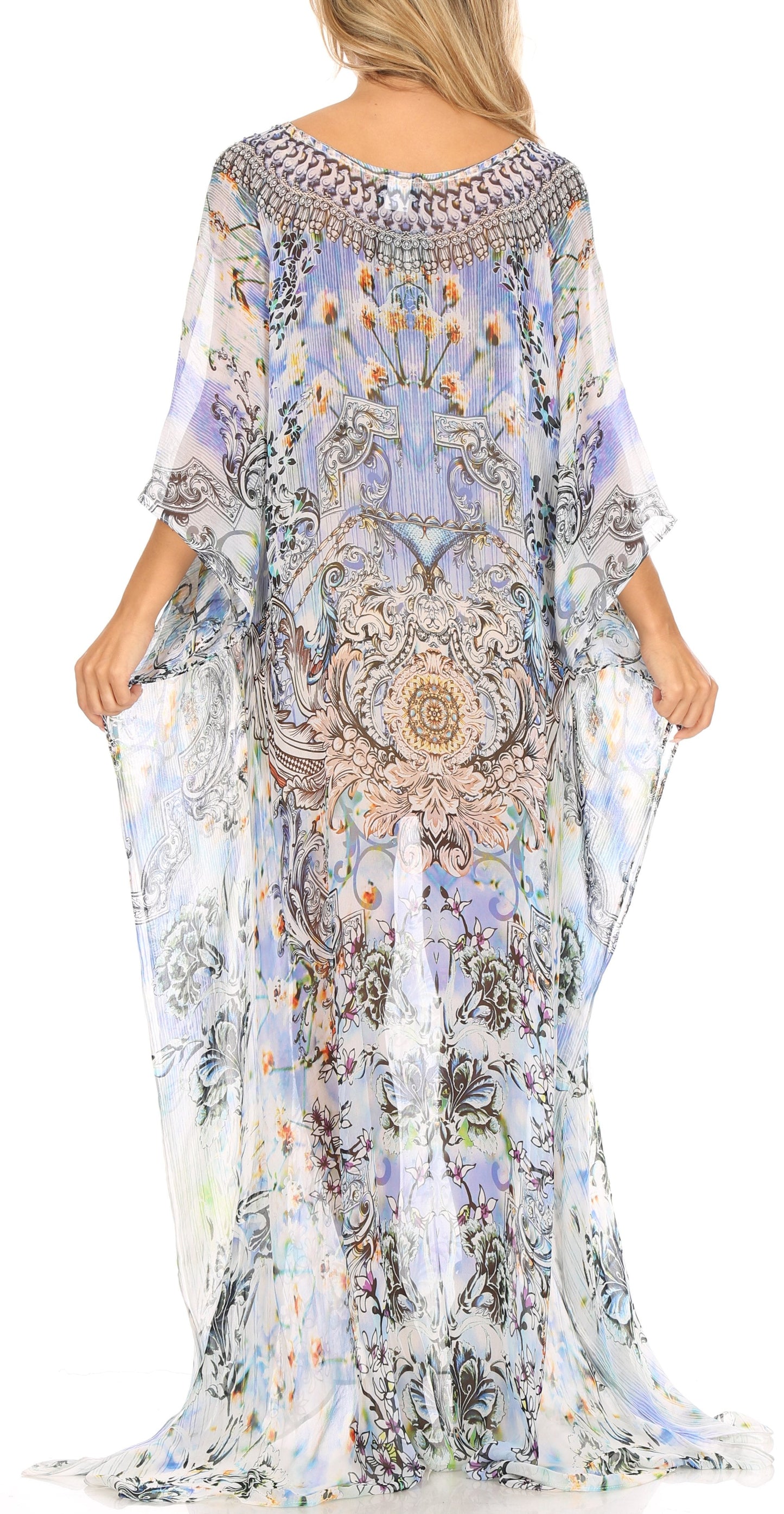 Sakkas Wilder Printed Design Long Sheer Rhinestone Caftan Dress / Cover Up - Concordia Style Boutique