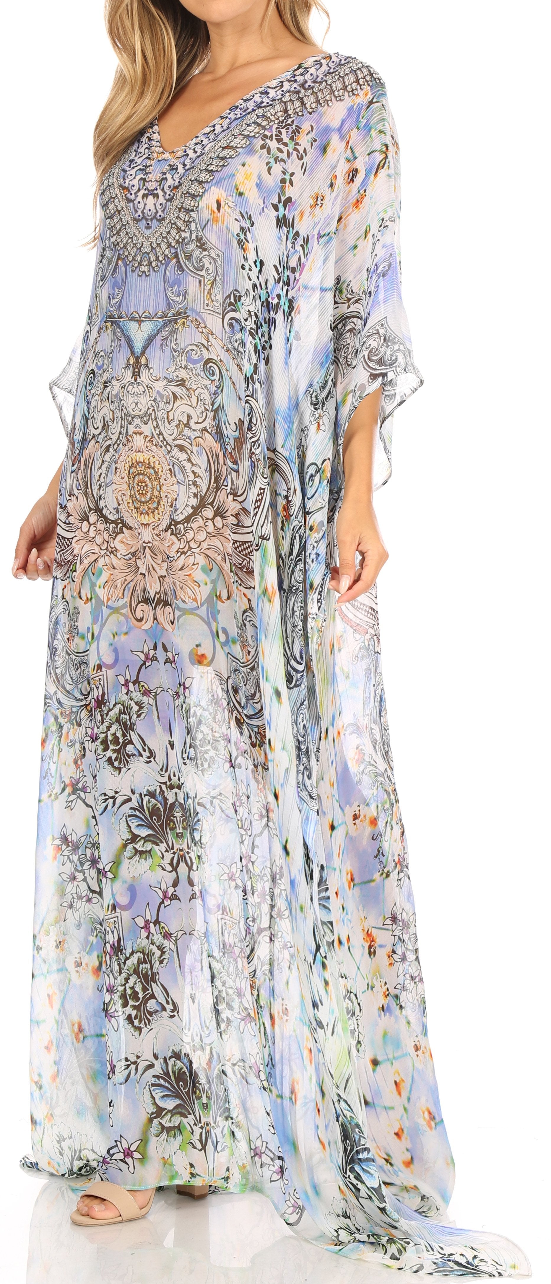 Sakkas Wilder Printed Design Long Sheer Rhinestone Caftan Dress / Cover Up - Concordia Style Boutique