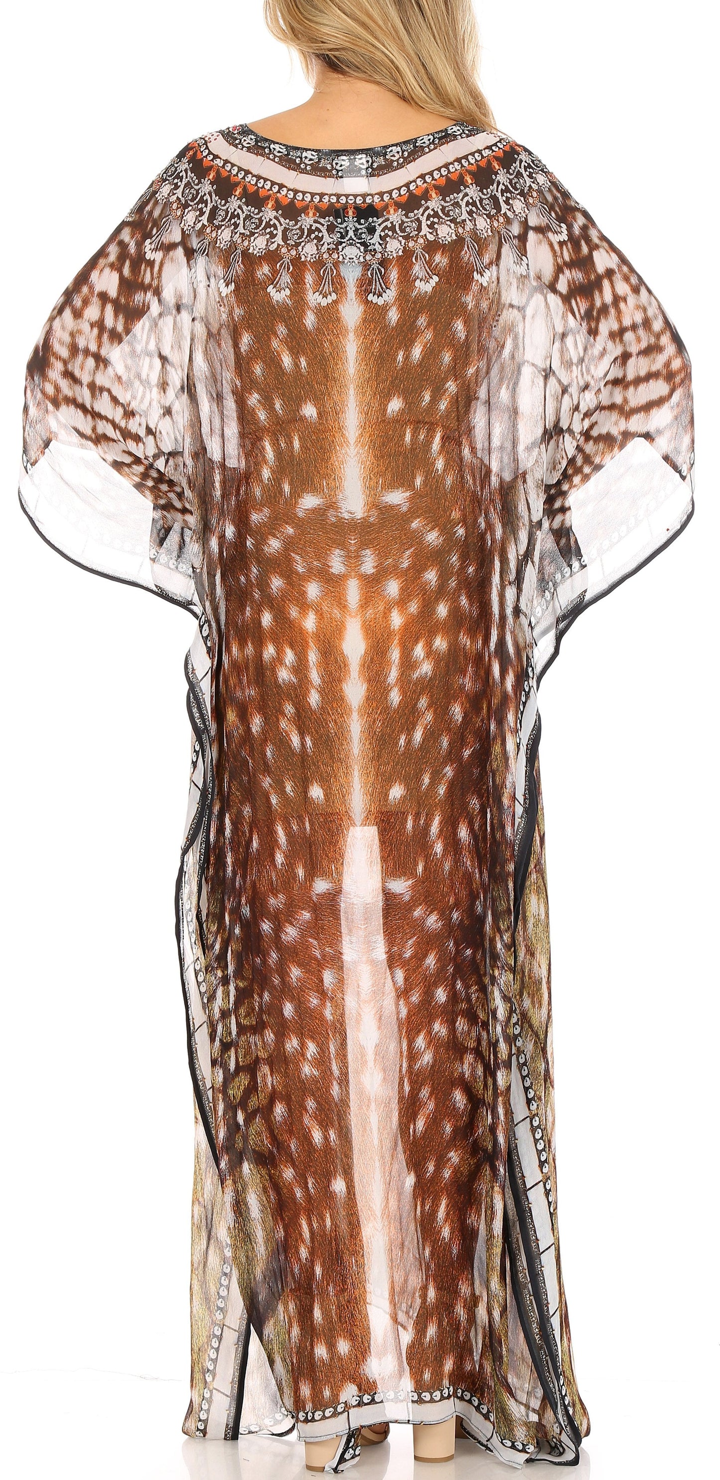Sakkas Wilder Printed Design Long Sheer Rhinestone Caftan Dress / Cover Up - Concordia Style Boutique
