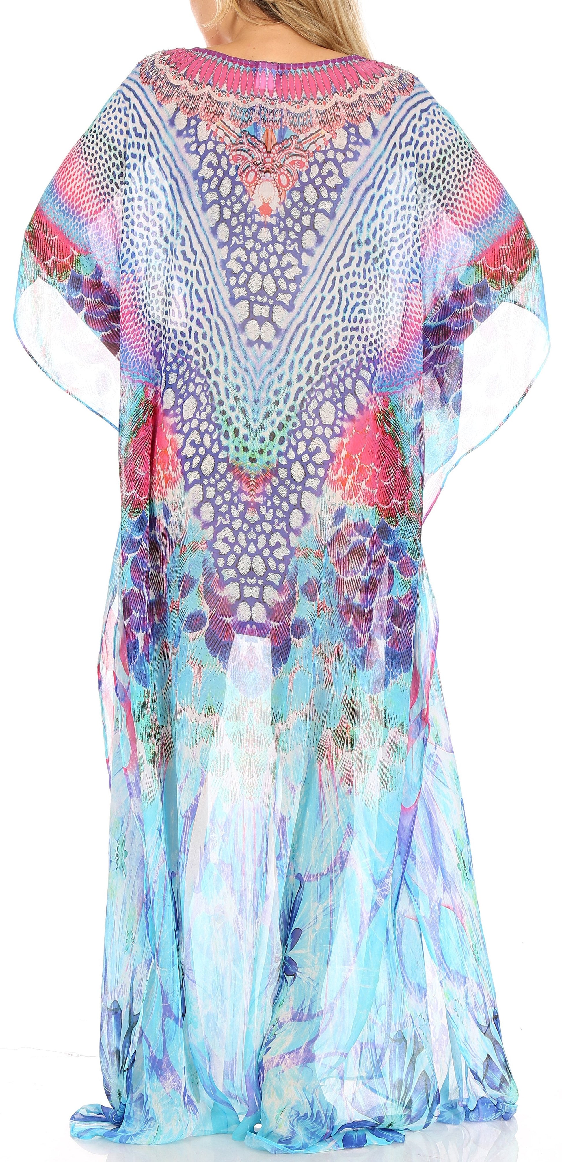 Sakkas Wilder Printed Design Long Sheer Rhinestone Caftan Dress / Cover Up - Concordia Style Boutique