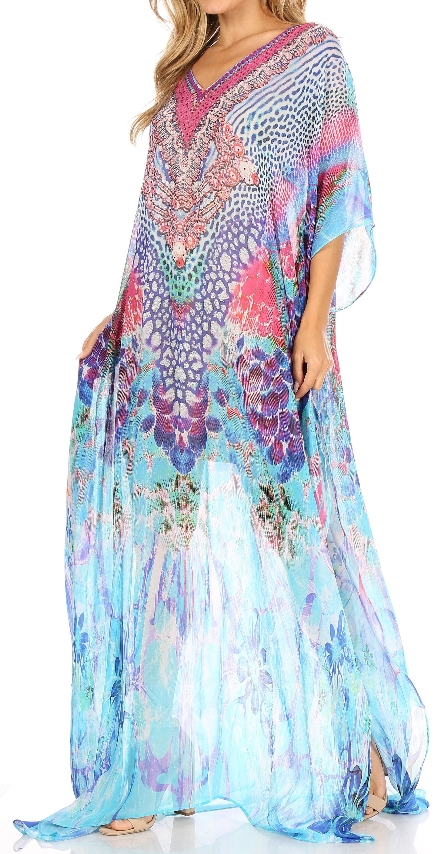 Sakkas Wilder Printed Design Long Sheer Rhinestone Caftan Dress / Cover Up - Concordia Style Boutique