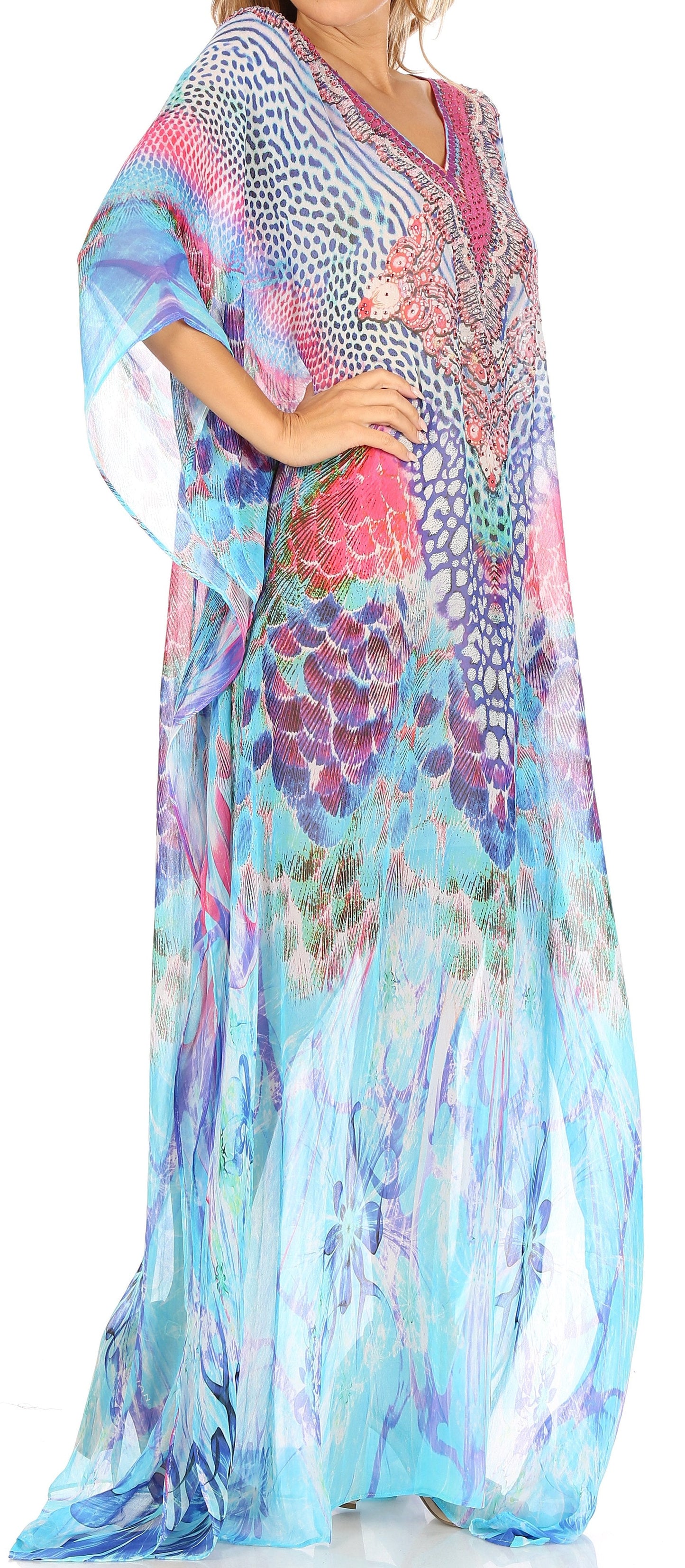 Sakkas Wilder Printed Design Long Sheer Rhinestone Caftan Dress / Cover Up - Concordia Style Boutique