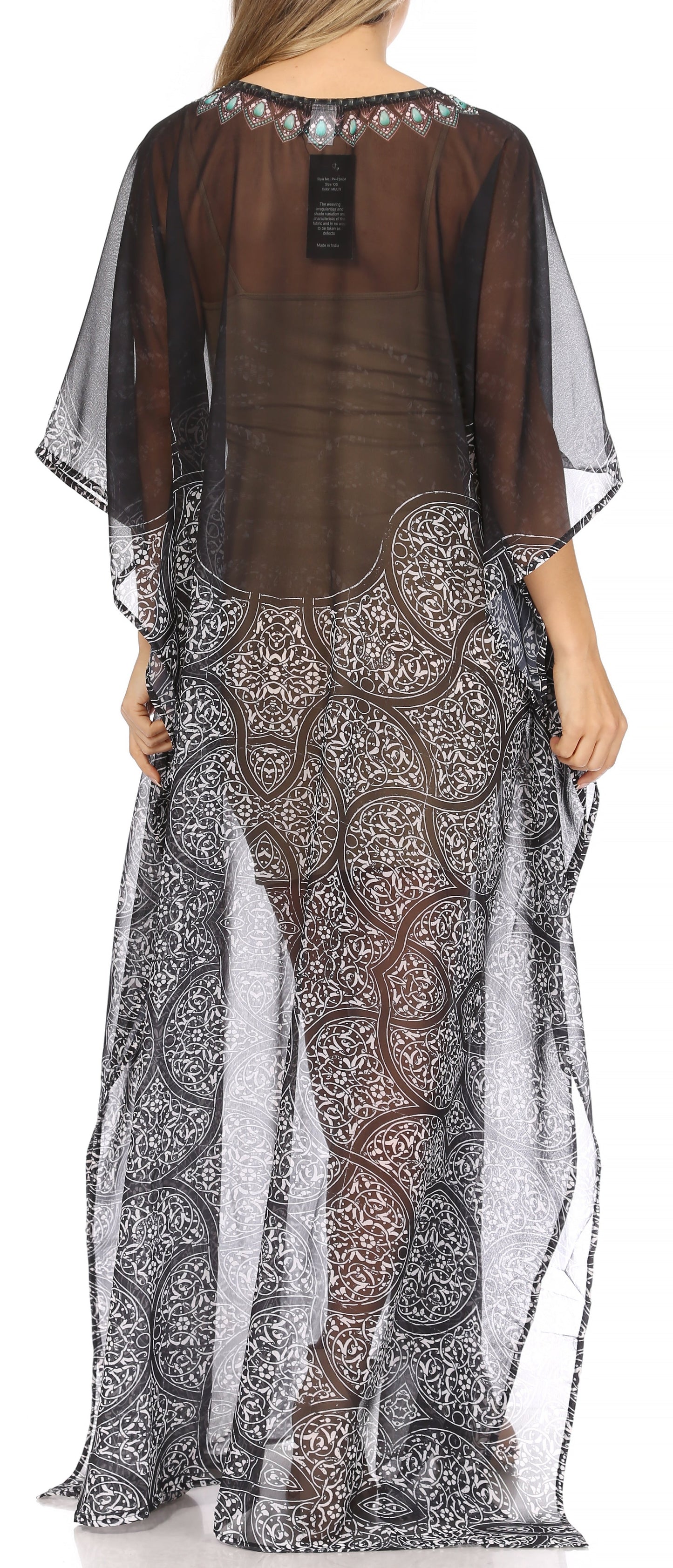 Sakkas Wilder Printed Design Long Sheer Rhinestone Caftan Dress / Cover Up - Concordia Style Boutique