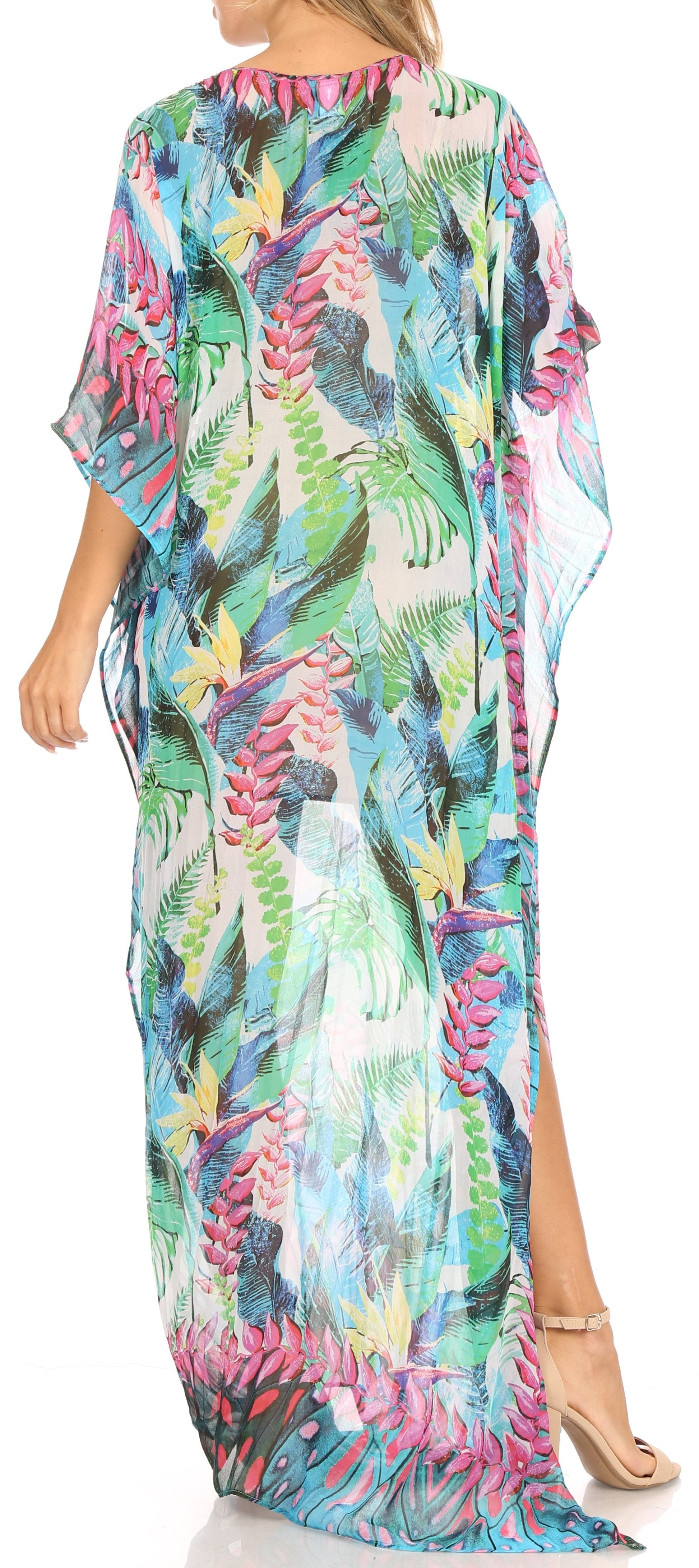 Sakkas Wilder Printed Design Long Sheer Rhinestone Caftan Dress / Cover Up - Concordia Style Boutique