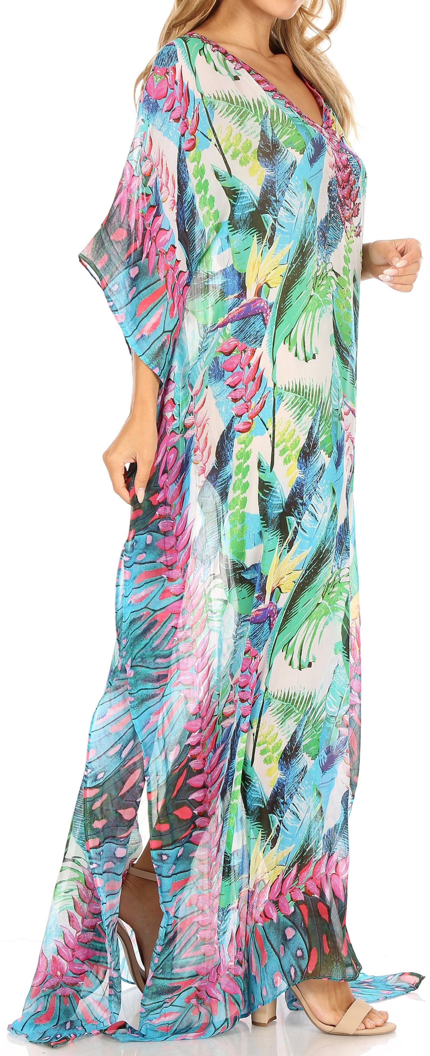 Sakkas Wilder Printed Design Long Sheer Rhinestone Caftan Dress / Cover Up - Concordia Style Boutique