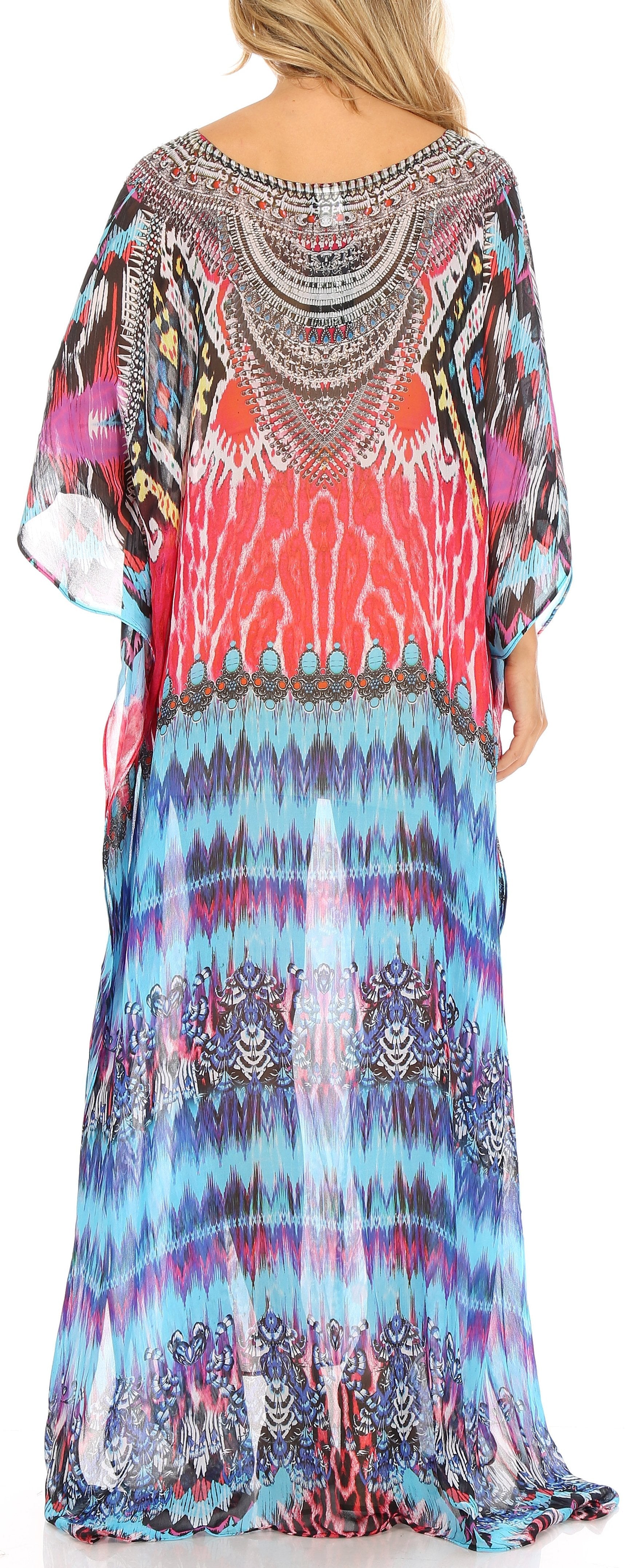 Sakkas Wilder Printed Design Long Sheer Rhinestone Caftan Dress / Cover Up - Concordia Style Boutique