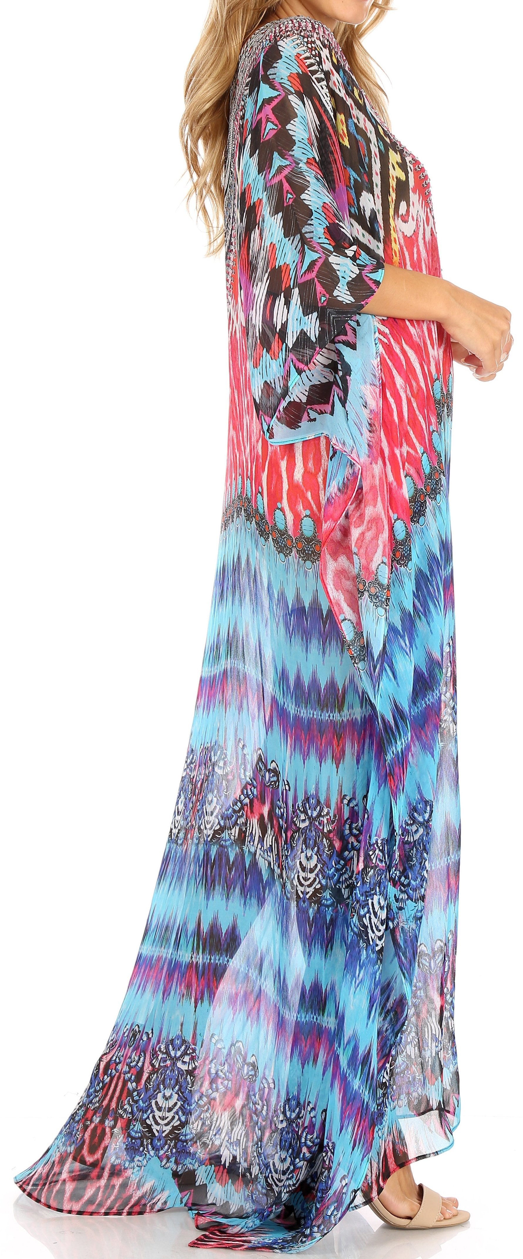 Sakkas Wilder Printed Design Long Sheer Rhinestone Caftan Dress / Cover Up - Concordia Style Boutique