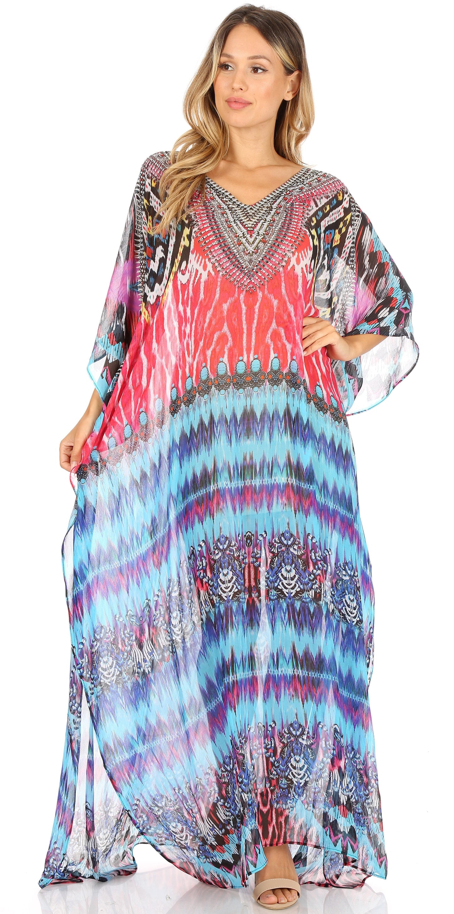 Sakkas Wilder Printed Design Long Sheer Rhinestone Caftan Dress / Cover Up - Concordia Style Boutique