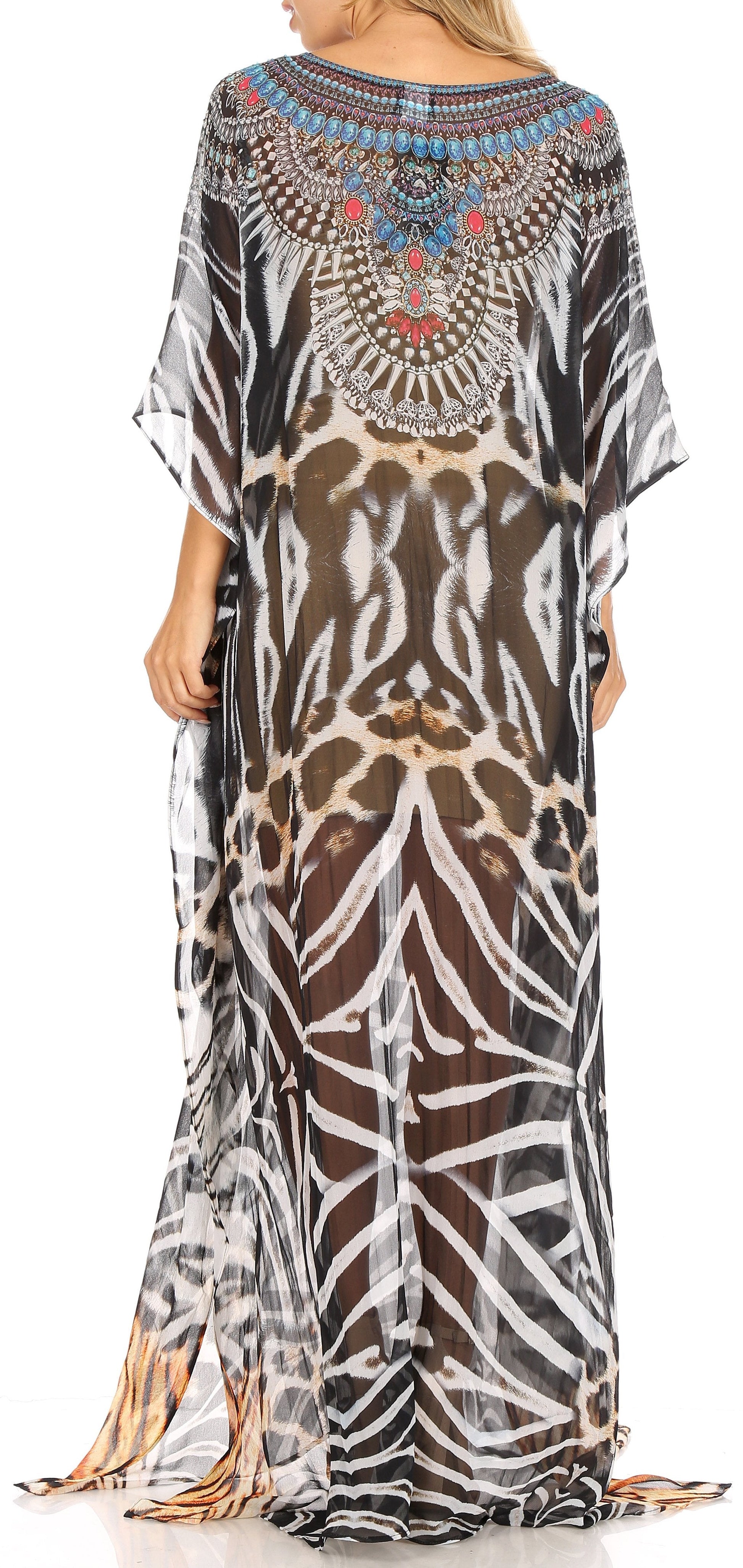 Sakkas Wilder Printed Design Long Sheer Rhinestone Caftan Dress / Cover Up - Concordia Style Boutique