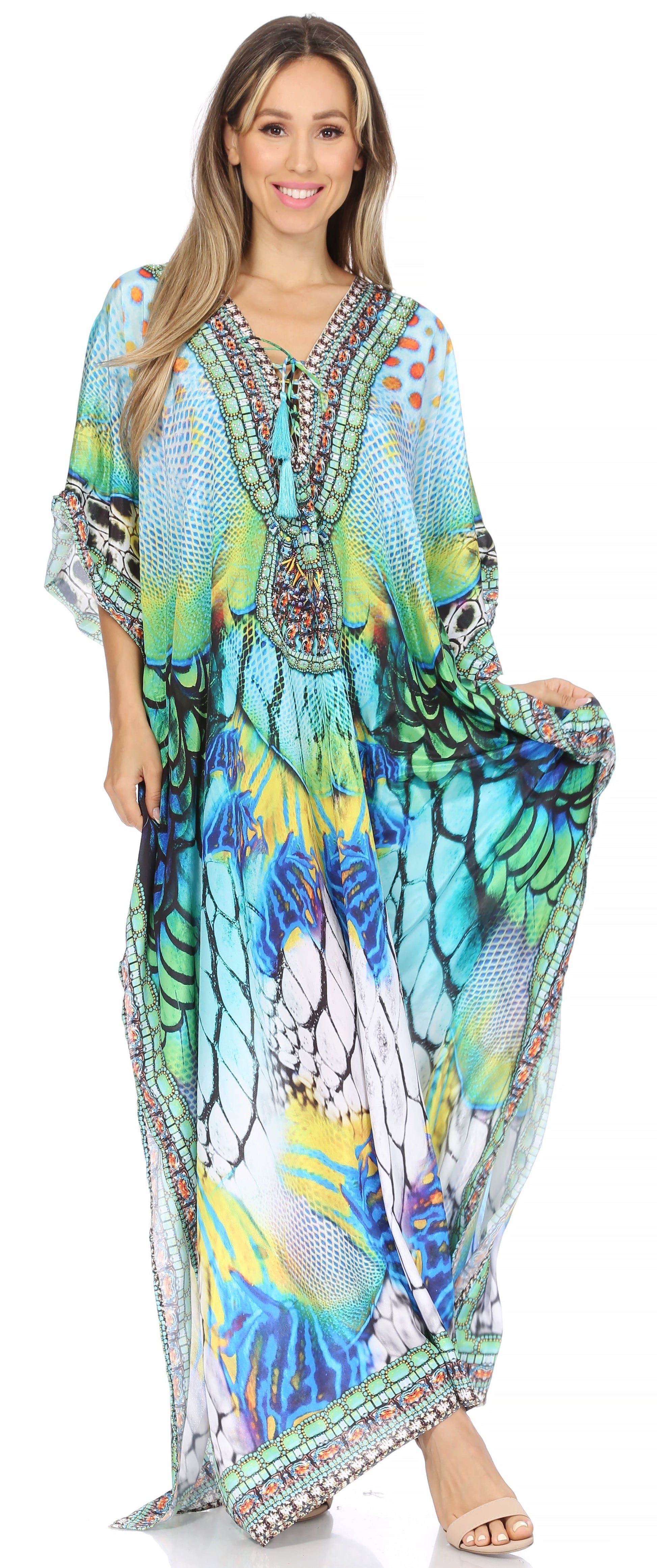 Sakkas Georgettina Flowy Rhinestone V Neck Long Caftan Dress/Cover Up - Concordia Style Boutique