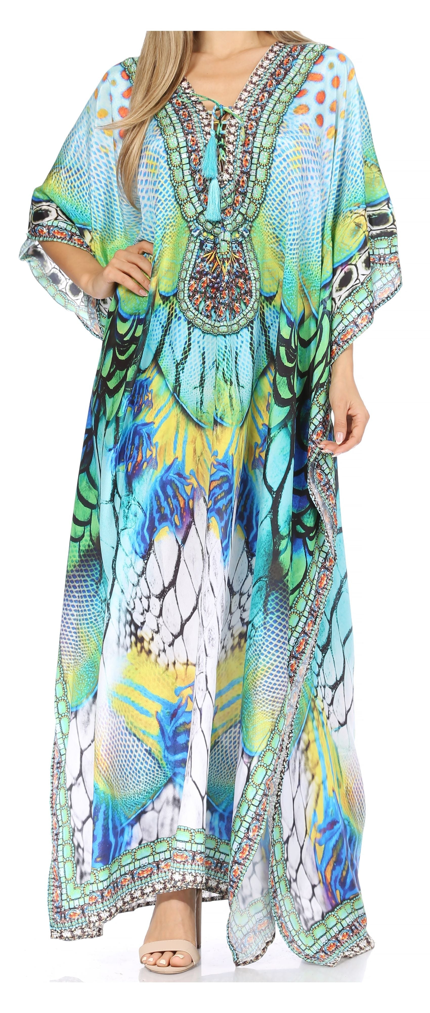 Sakkas Georgettina Flowy Rhinestone V Neck Long Caftan Dress/Cover Up - Concordia Style Boutique