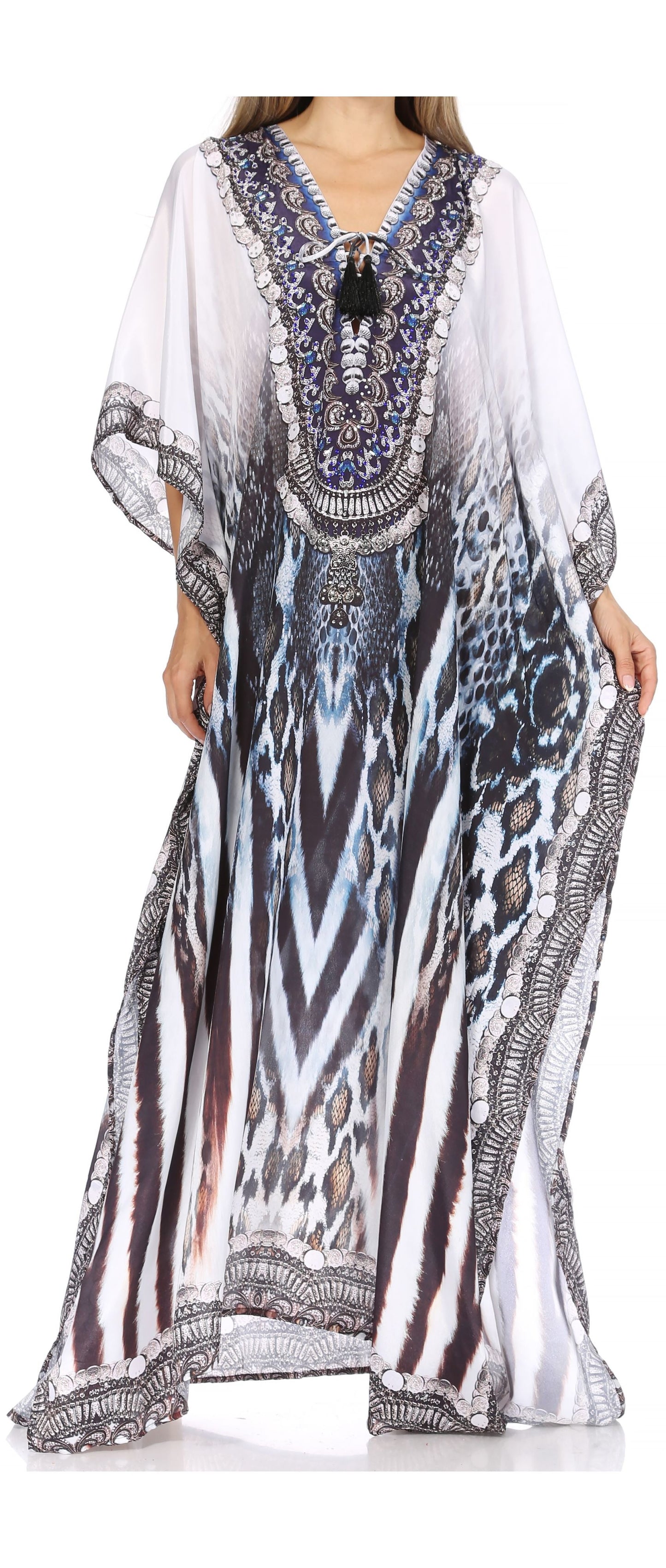Sakkas Georgettina Flowy Rhinestone V Neck Long Caftan Dress/Cover Up - Concordia Style Boutique