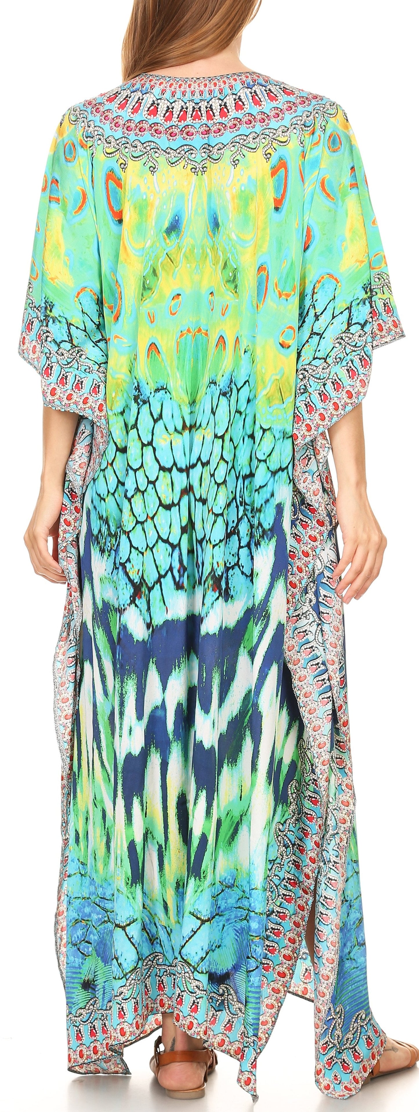 Sakkas Georgettina Flowy Rhinestone V Neck Long Caftan Dress/Cover Up - Concordia Style Boutique