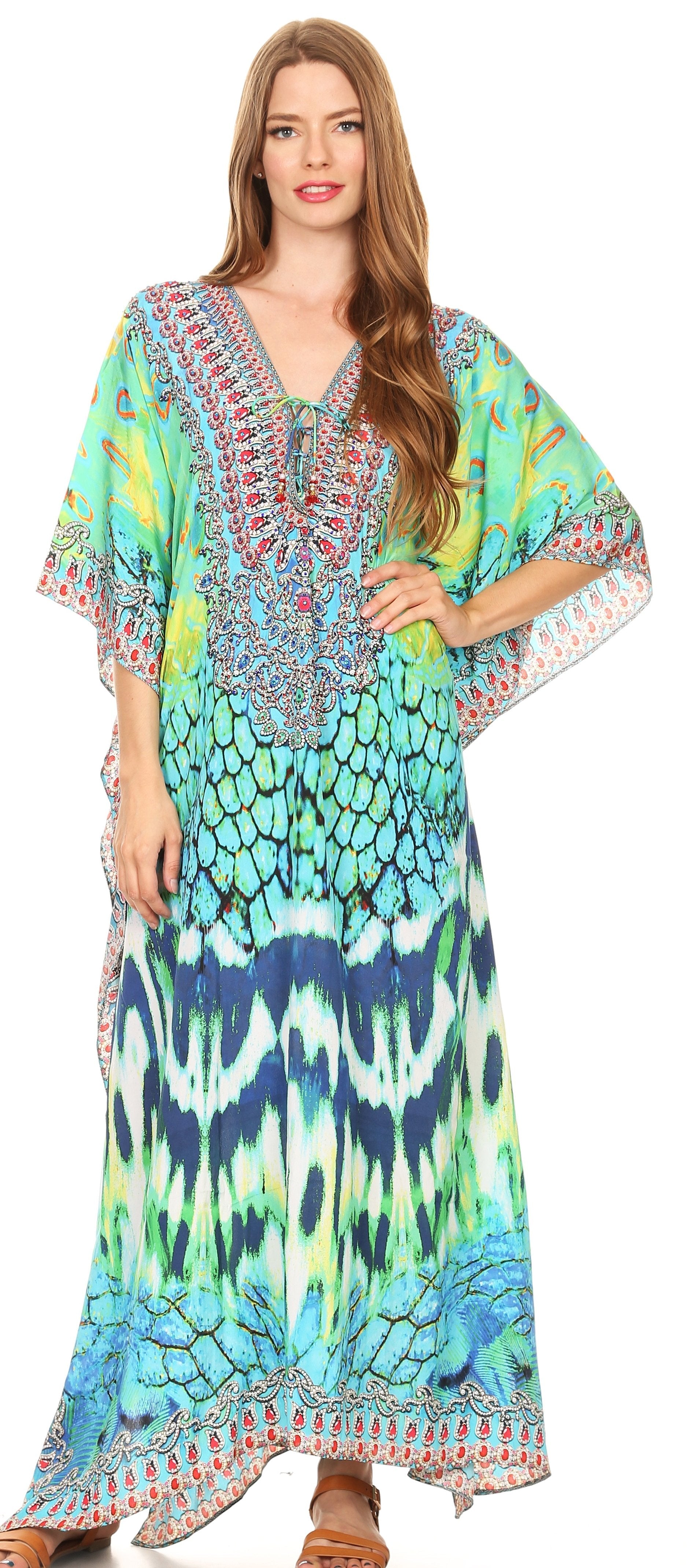 Sakkas Georgettina Flowy Rhinestone V Neck Long Caftan Dress/Cover Up - Concordia Style Boutique