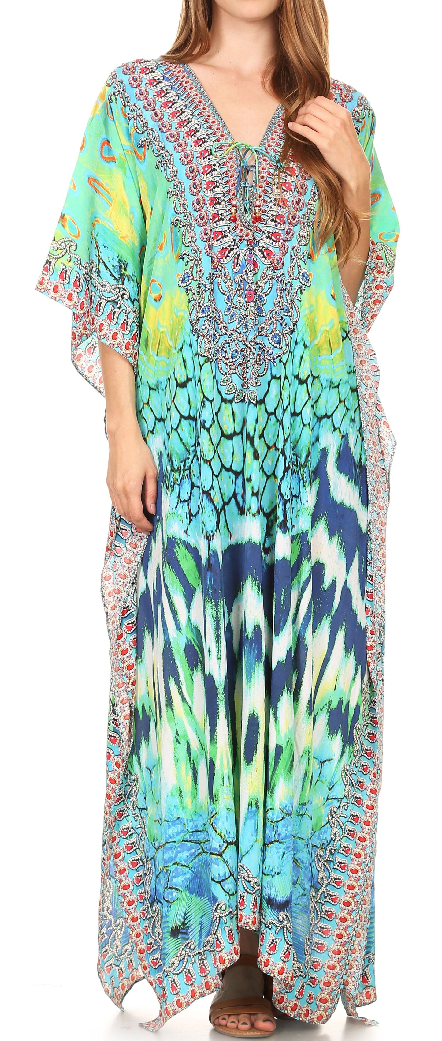 Sakkas Georgettina Flowy Rhinestone V Neck Long Caftan Dress/Cover Up - Concordia Style Boutique