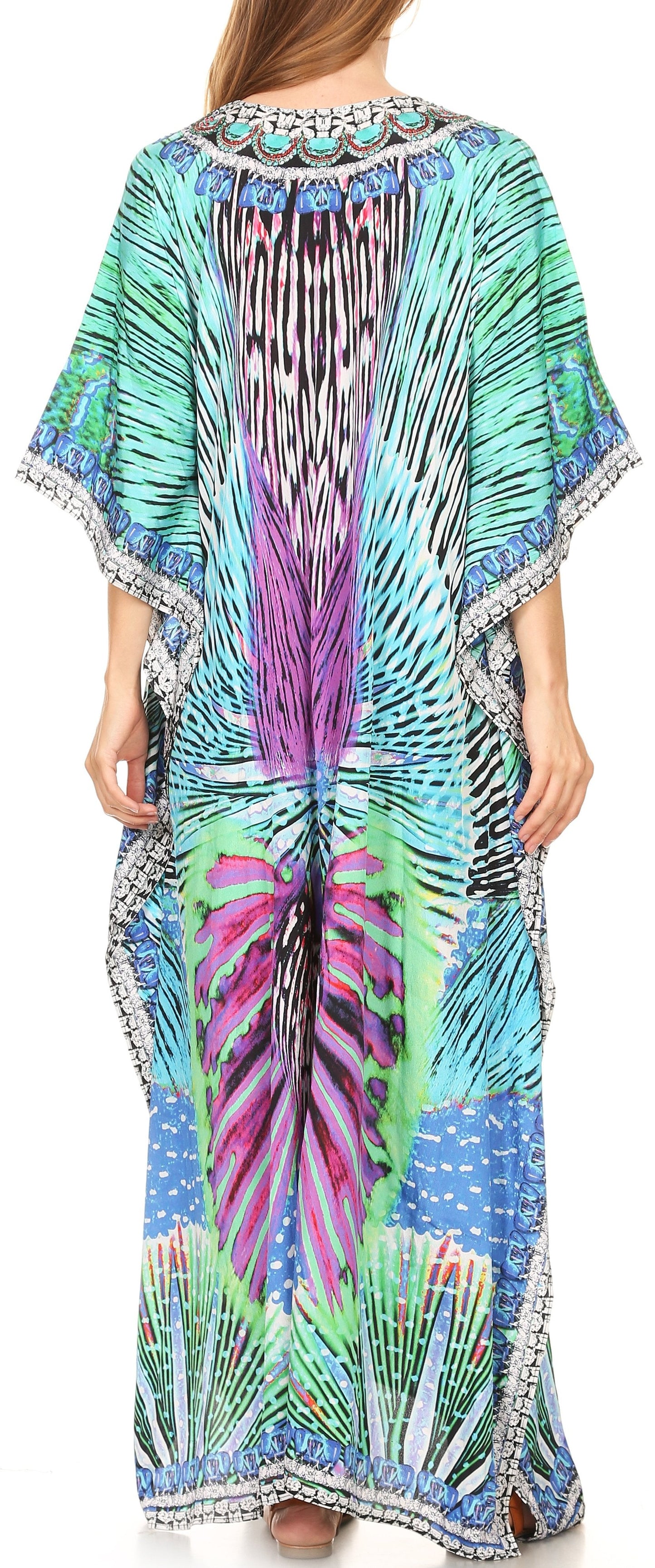 Sakkas Georgettina Flowy Rhinestone V Neck Long Caftan Dress/Cover Up - Concordia Style Boutique