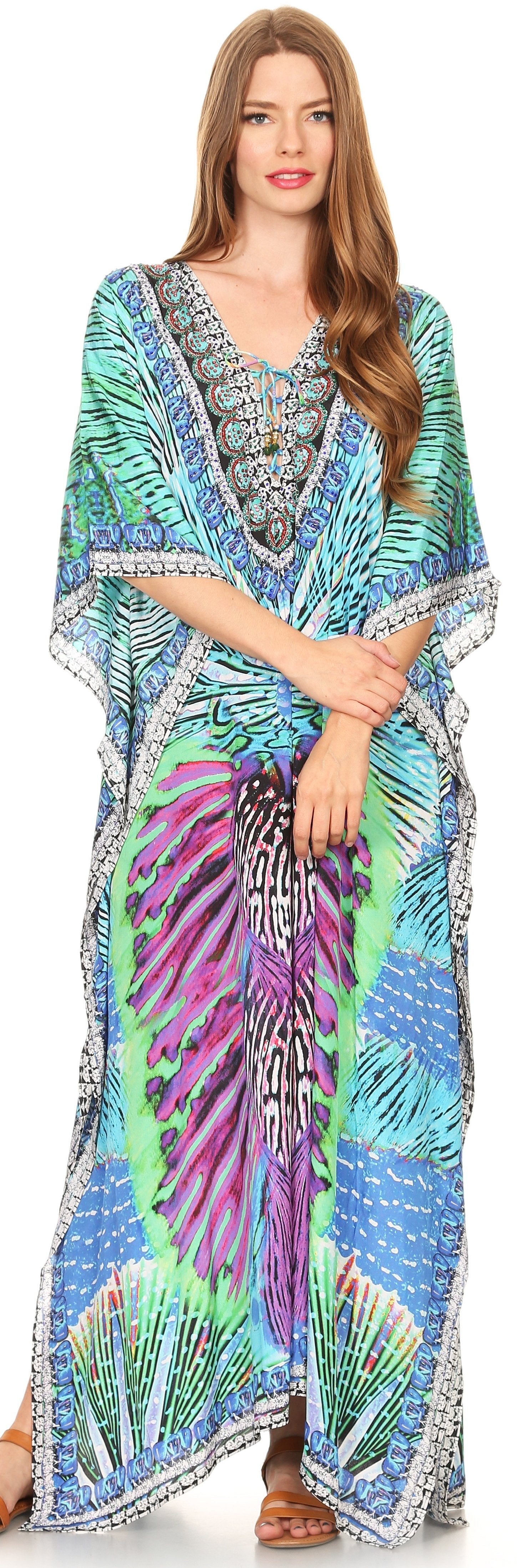 Sakkas Georgettina Flowy Rhinestone V Neck Long Caftan Dress/Cover Up - Concordia Style Boutique