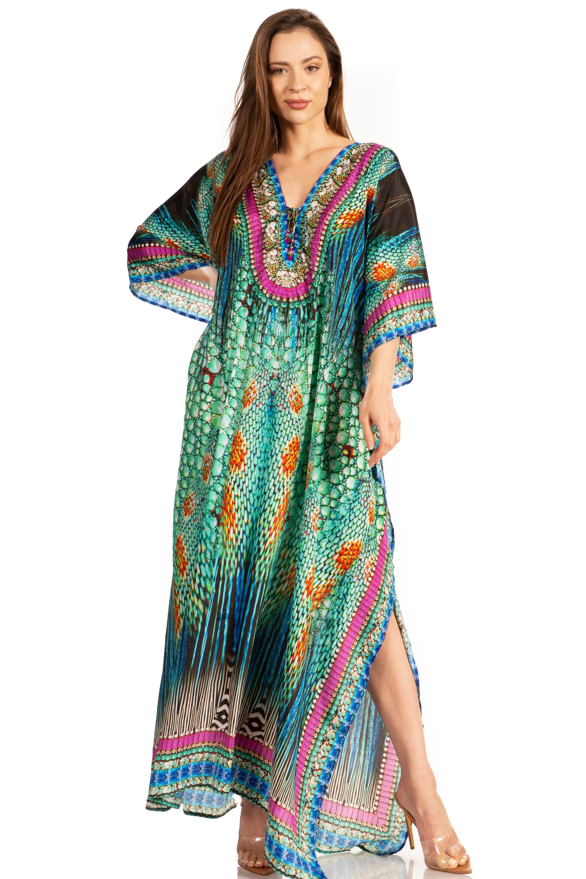 Sakkas Georgettina Flowy Rhinestone V Neck Long Caftan Dress/Cover Up - Concordia Style Boutique