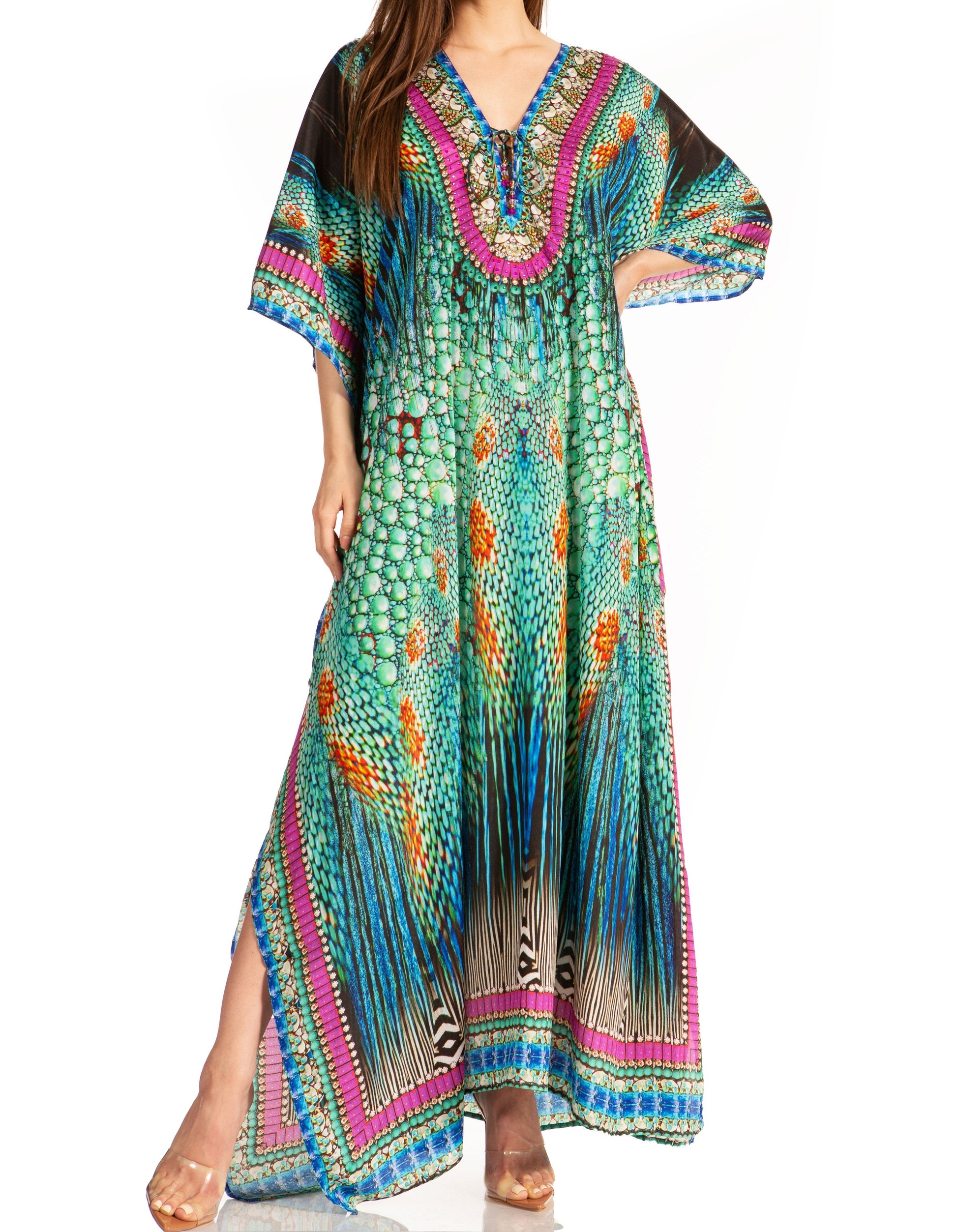 Sakkas Georgettina Flowy Rhinestone V Neck Long Caftan Dress/Cover Up - Concordia Style Boutique