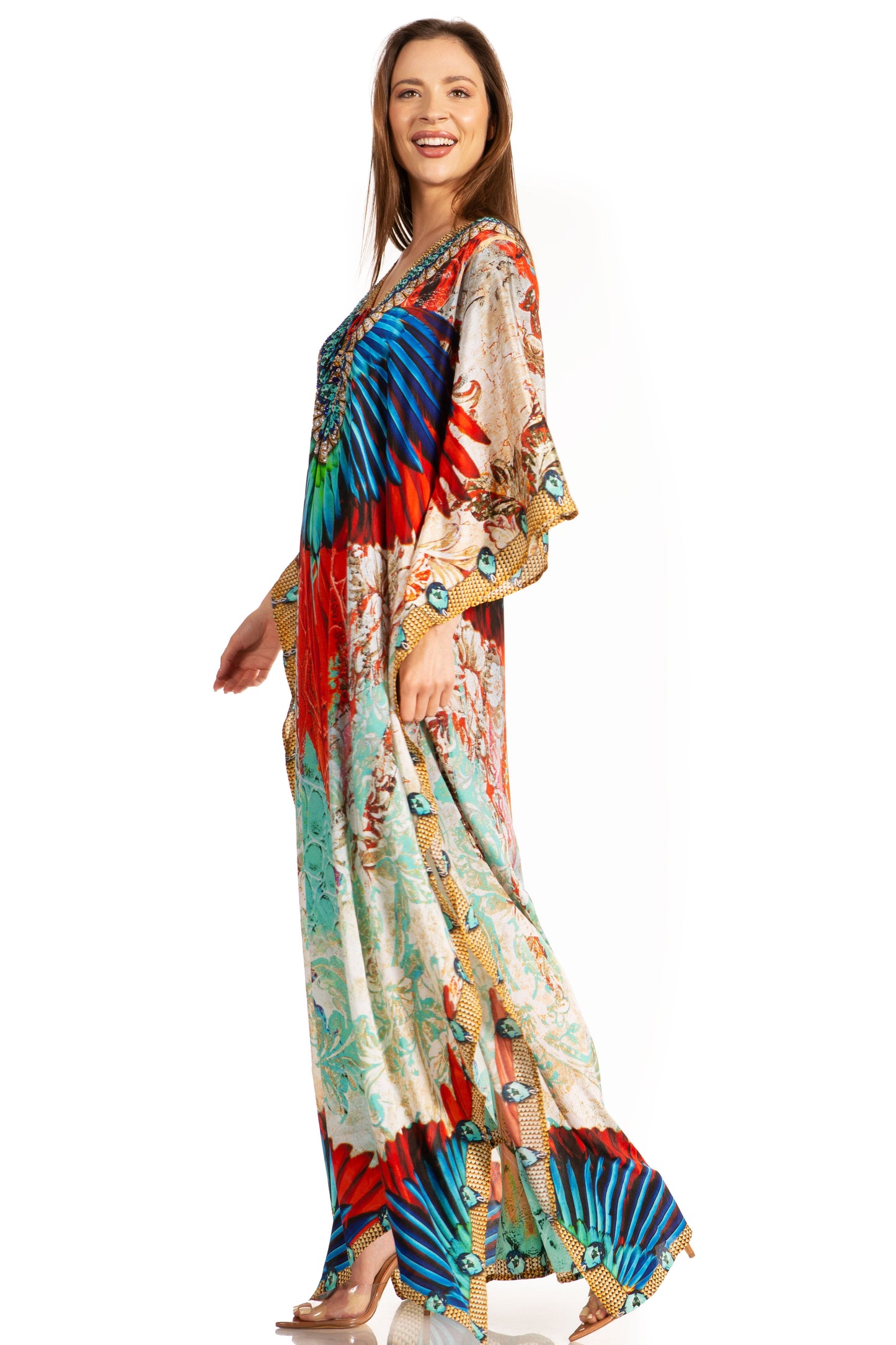 Sakkas Georgettina Flowy Rhinestone V Neck Long Caftan Dress/Cover Up - Concordia Style Boutique