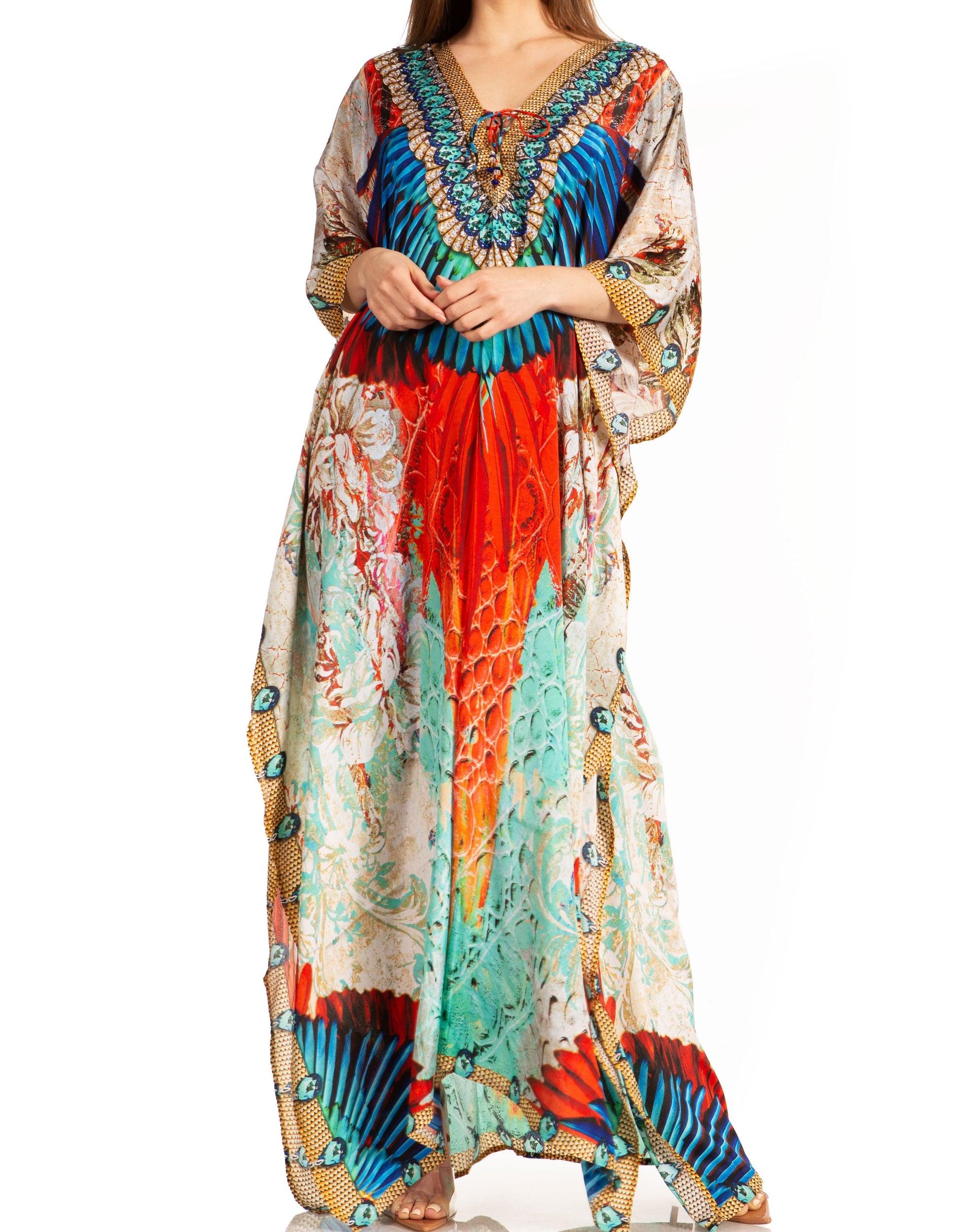 Sakkas Georgettina Flowy Rhinestone V Neck Long Caftan Dress/Cover Up - Concordia Style Boutique