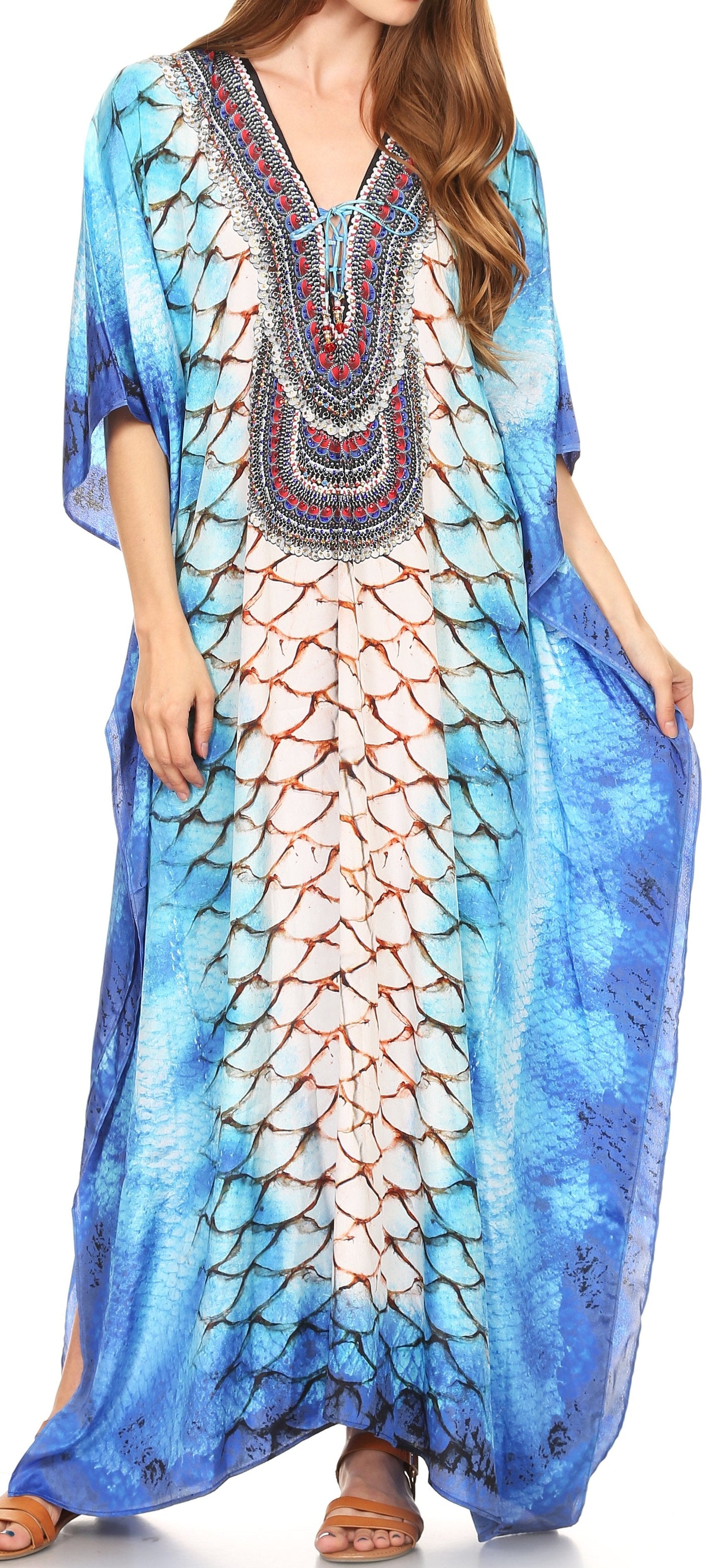 Sakkas Georgettina Flowy Rhinestone V Neck Long Caftan Dress/Cover Up - Concordia Style Boutique