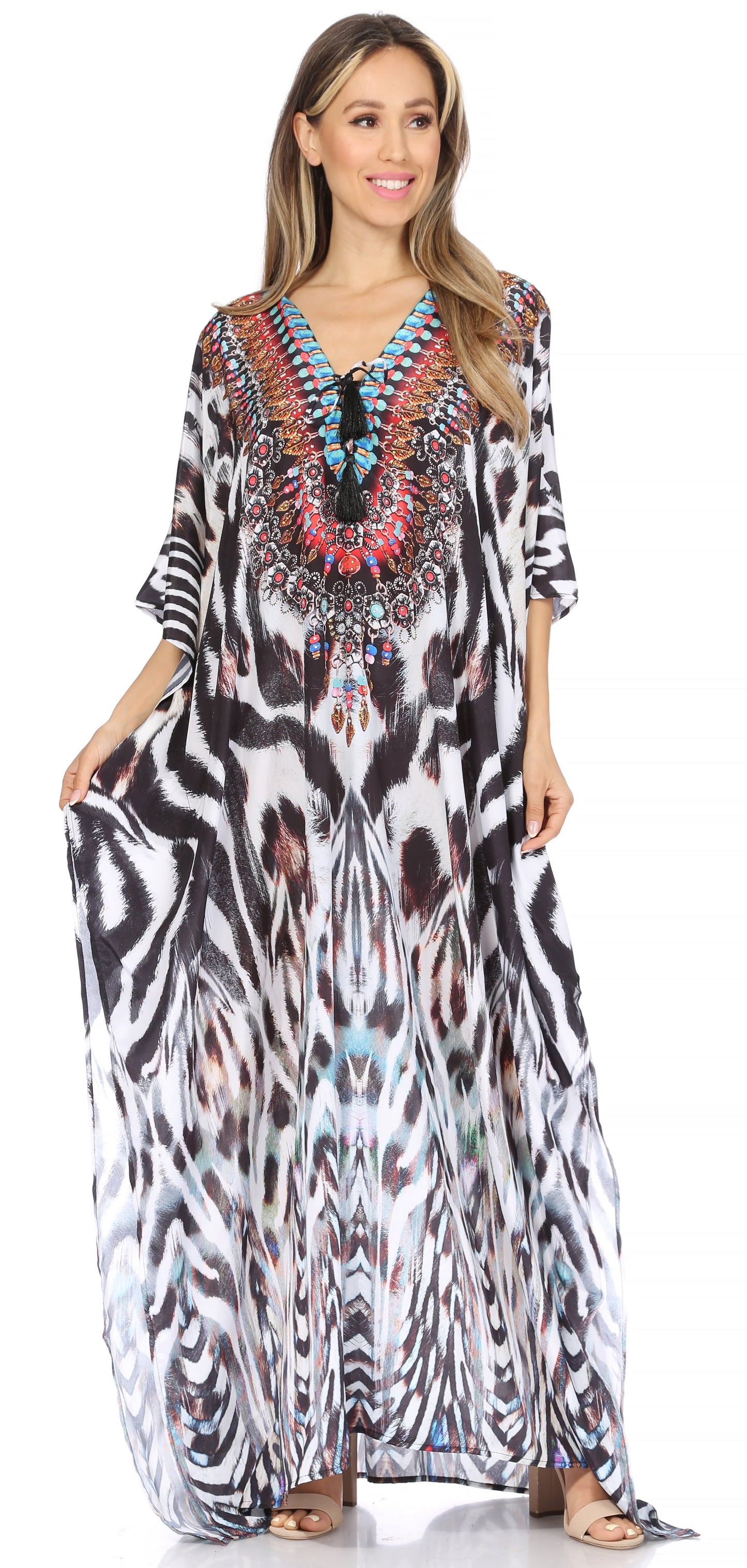 Sakkas Georgettina Flowy Rhinestone V Neck Long Caftan Dress/Cover Up - Concordia Style Boutique