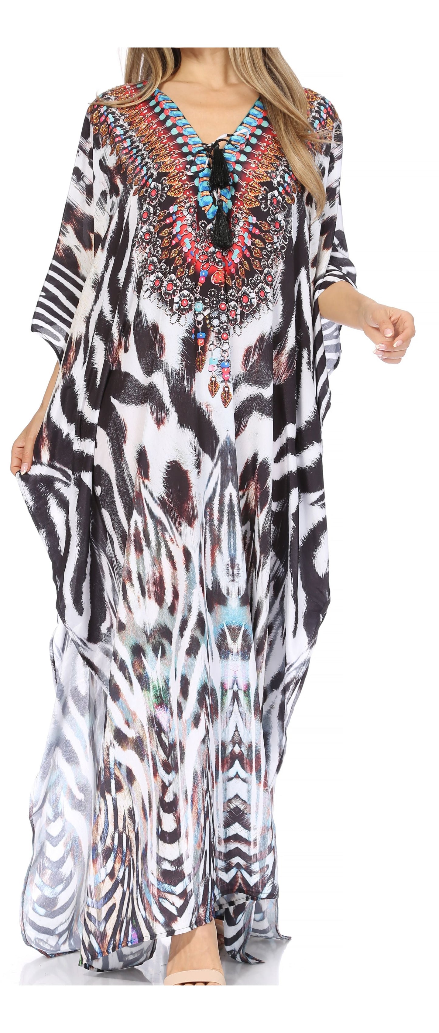 Sakkas Georgettina Flowy Rhinestone V Neck Long Caftan Dress/Cover Up - Concordia Style Boutique