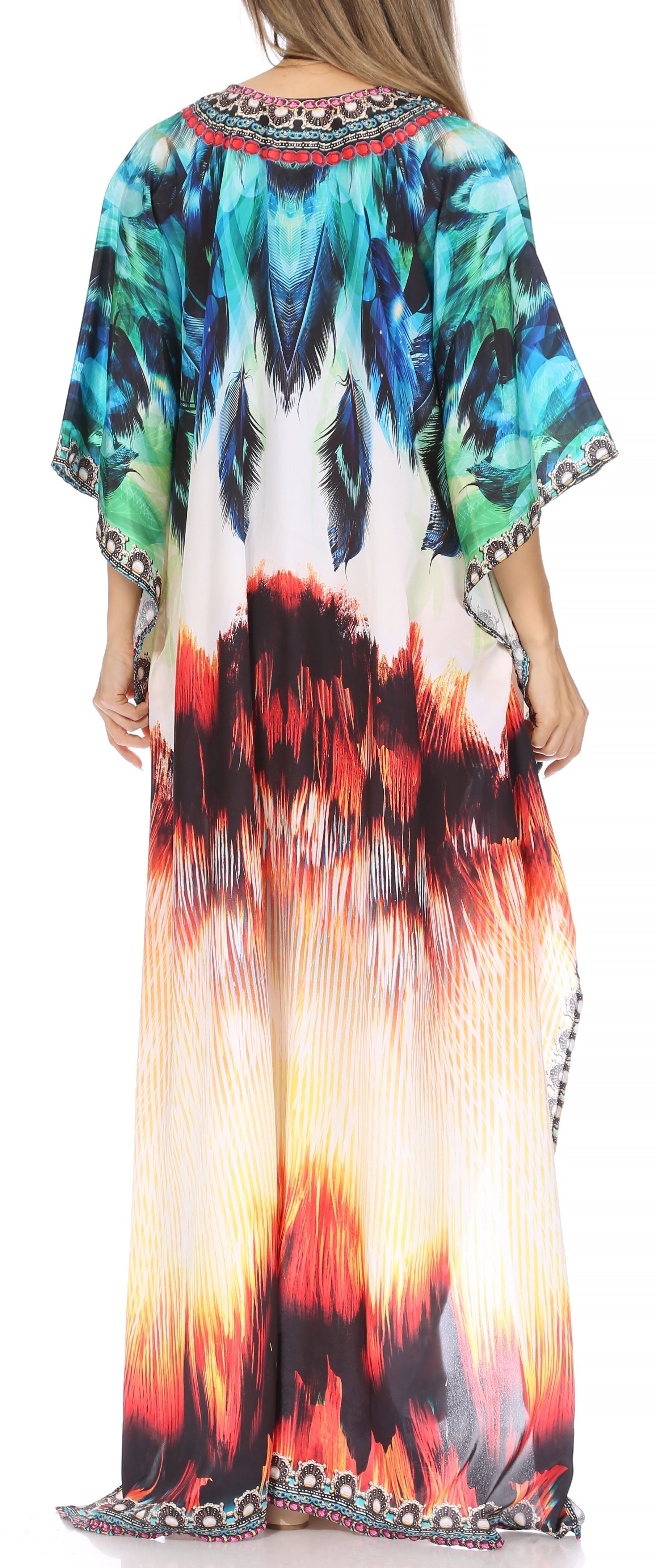 Sakkas Georgettina Flowy Rhinestone V Neck Long Caftan Dress/Cover Up - Concordia Style Boutique