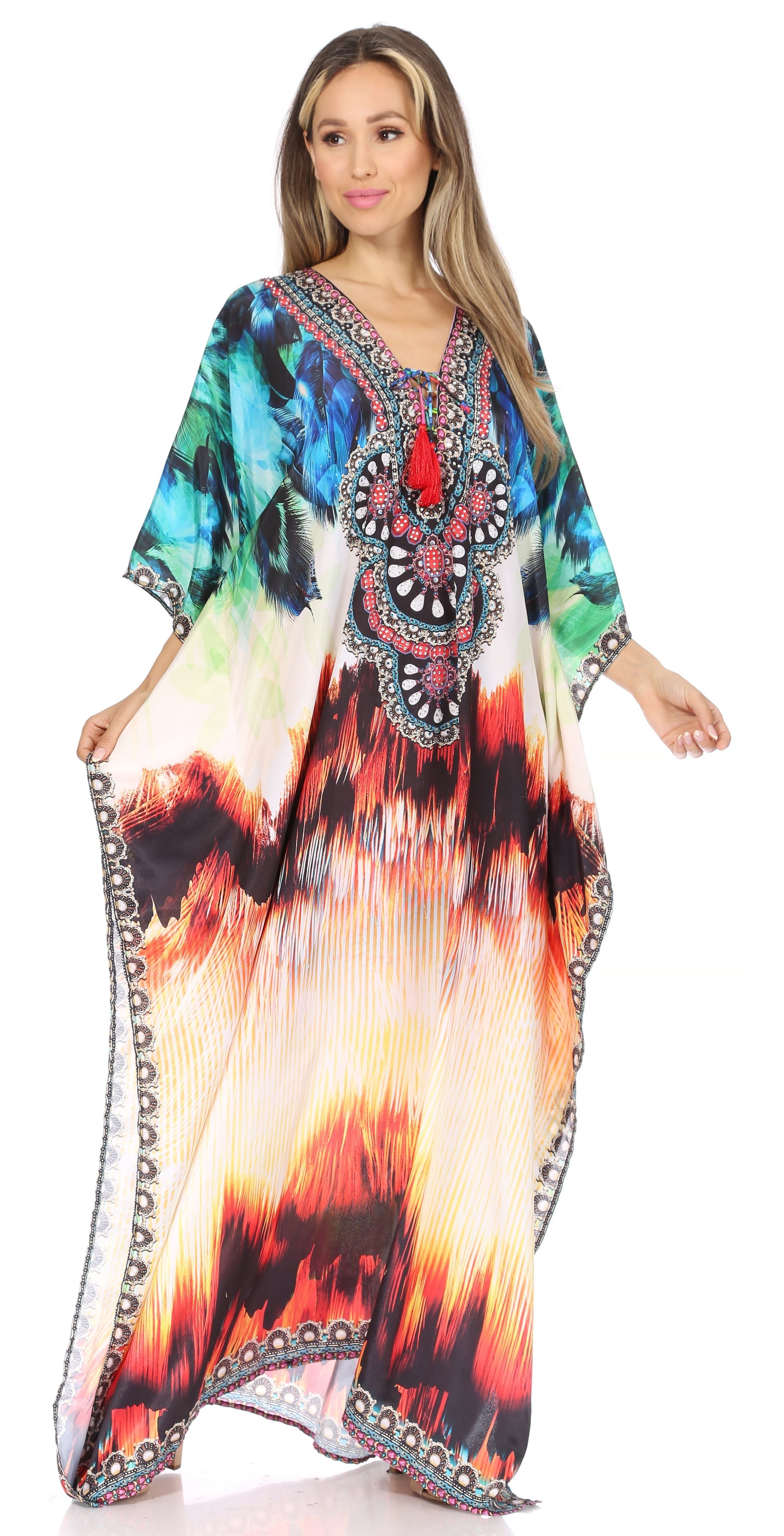Sakkas Georgettina Flowy Rhinestone V Neck Long Caftan Dress/Cover Up - Concordia Style Boutique
