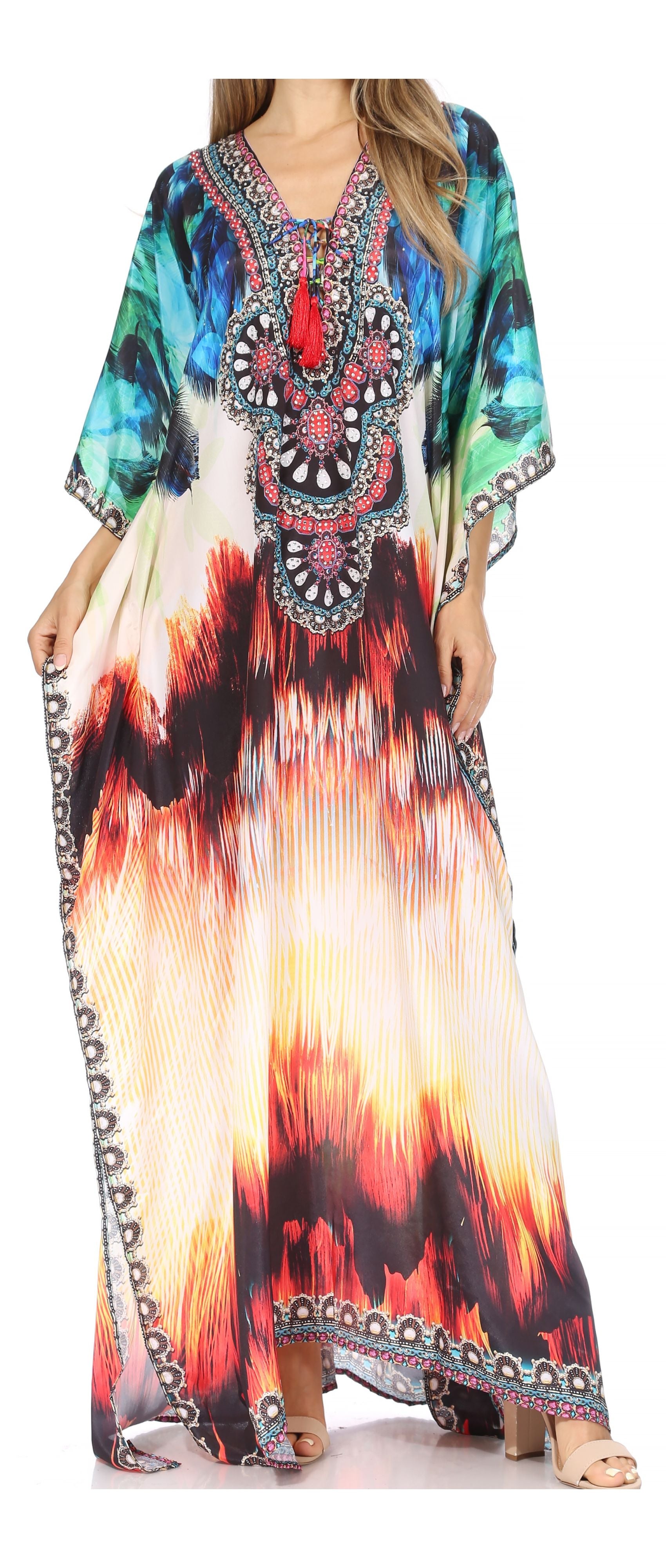 Sakkas Georgettina Flowy Rhinestone V Neck Long Caftan Dress/Cover Up - Concordia Style Boutique