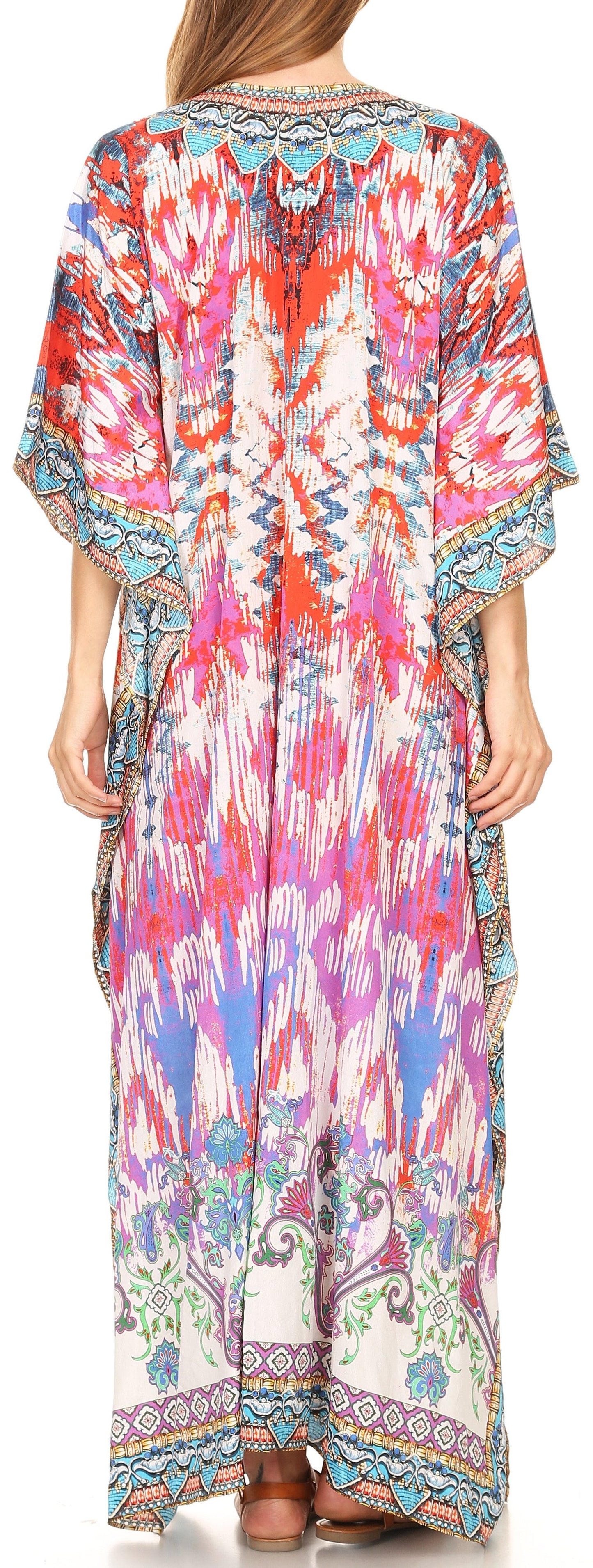 Sakkas Georgettina Flowy Rhinestone V Neck Long Caftan Dress/Cover Up - Concordia Style Boutique
