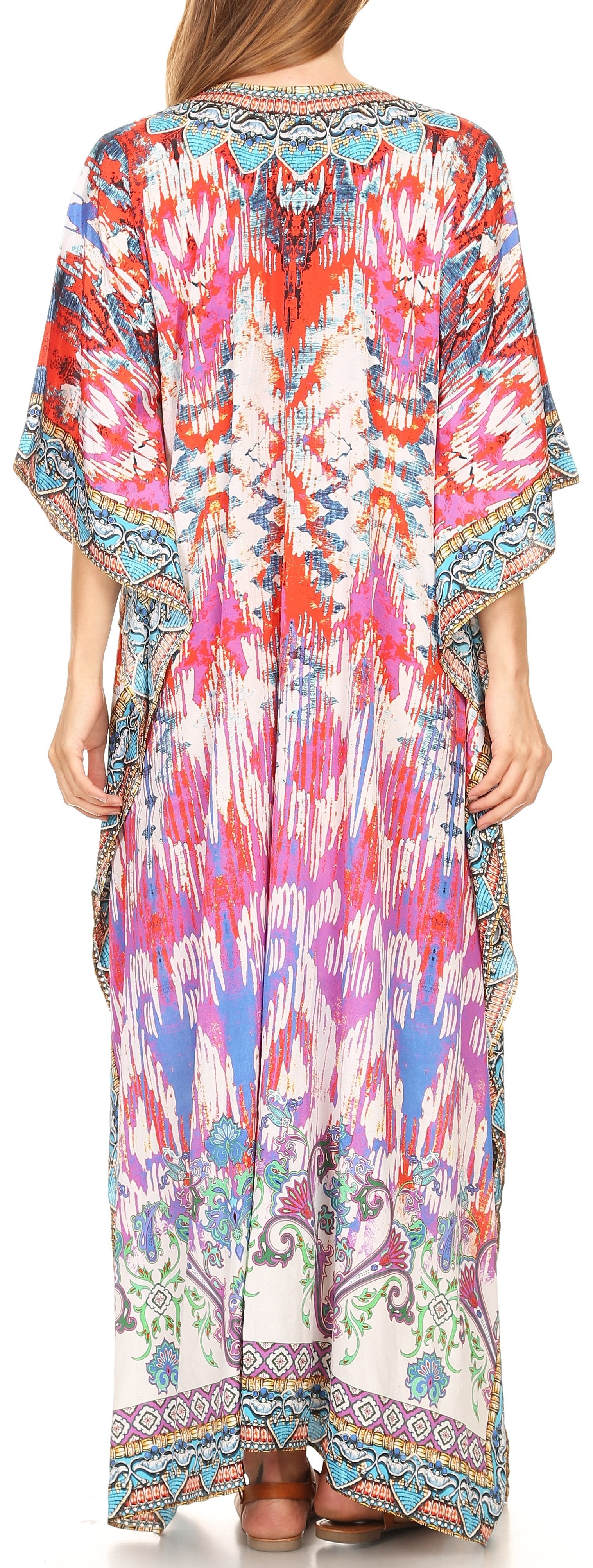 Sakkas Georgettina Flowy Rhinestone V Neck Long Caftan Dress/Cover Up - Concordia Style Boutique