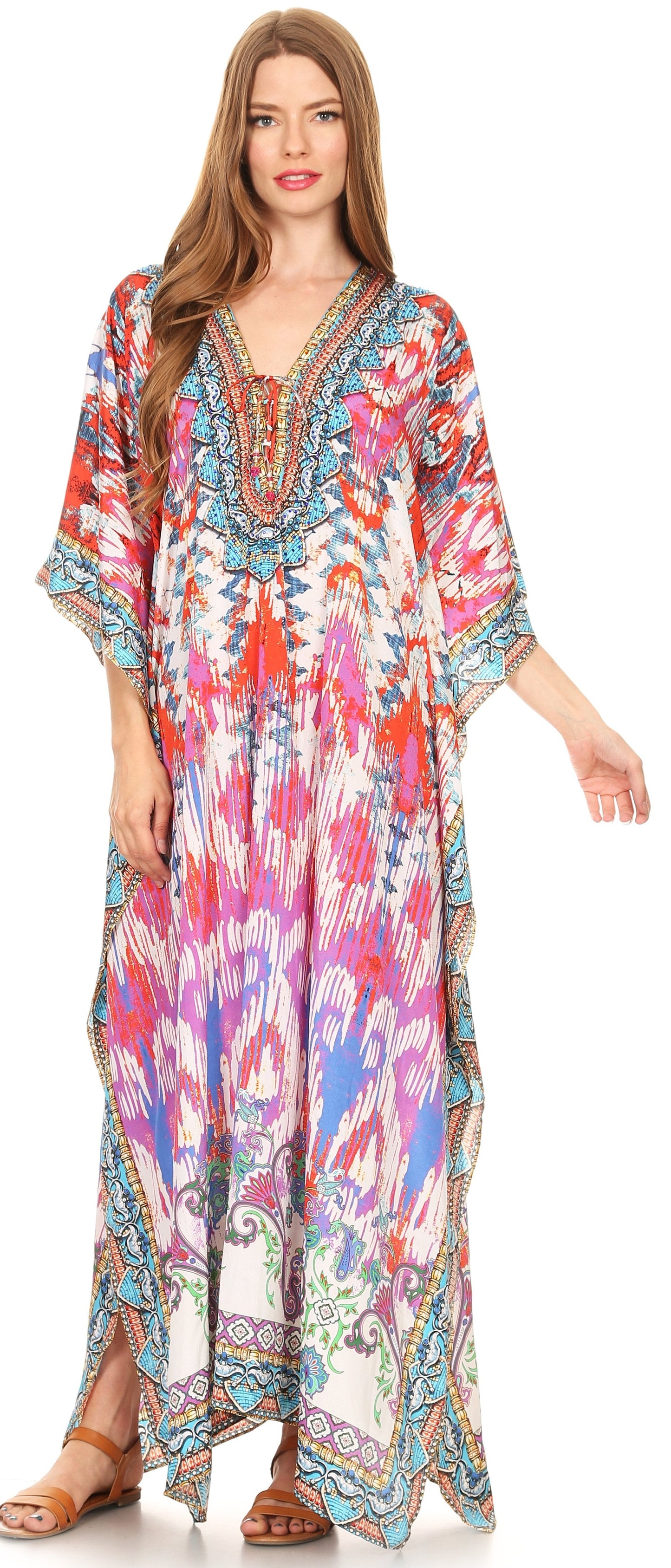 Sakkas Georgettina Flowy Rhinestone V Neck Long Caftan Dress/Cover Up - Concordia Style Boutique