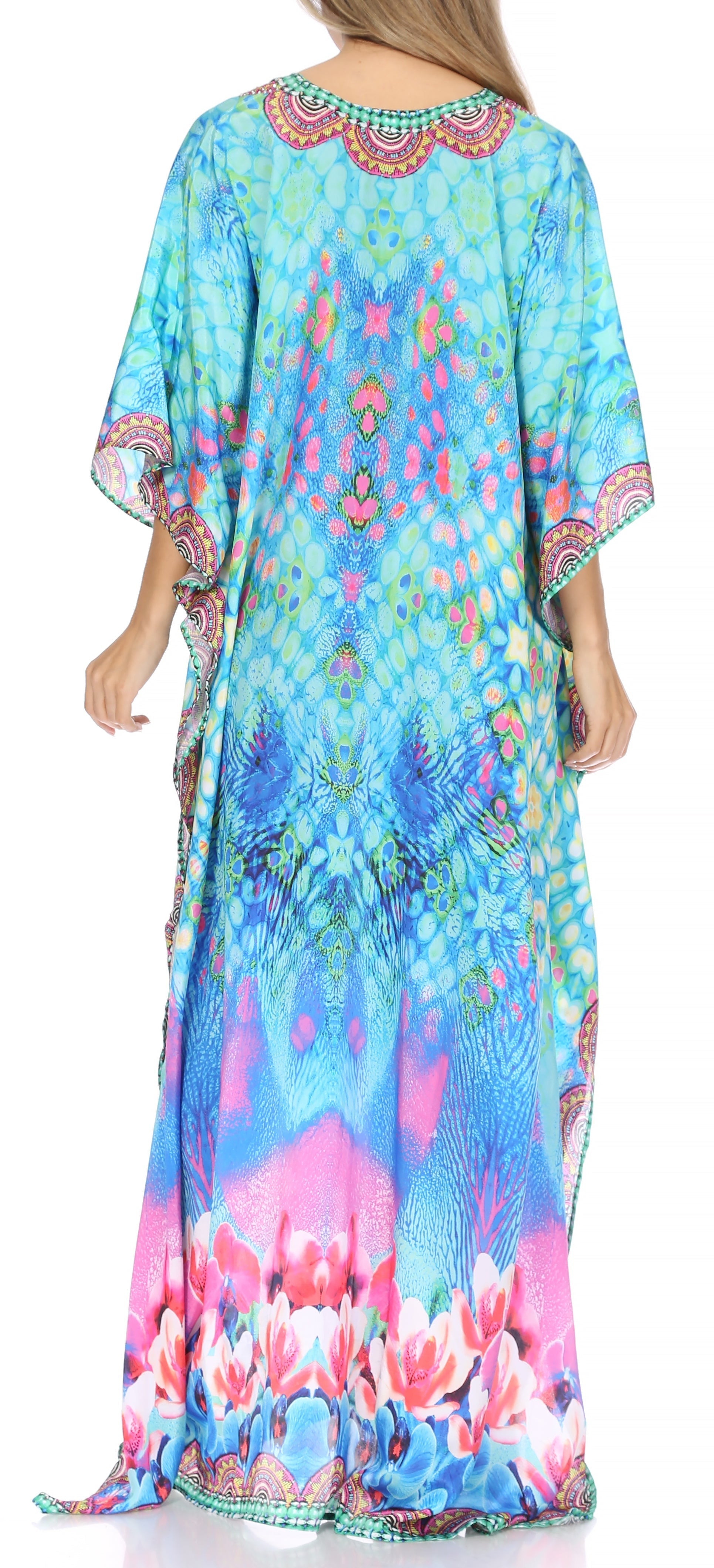 Sakkas Georgettina Flowy Rhinestone V Neck Long Caftan Dress/Cover Up - Concordia Style Boutique