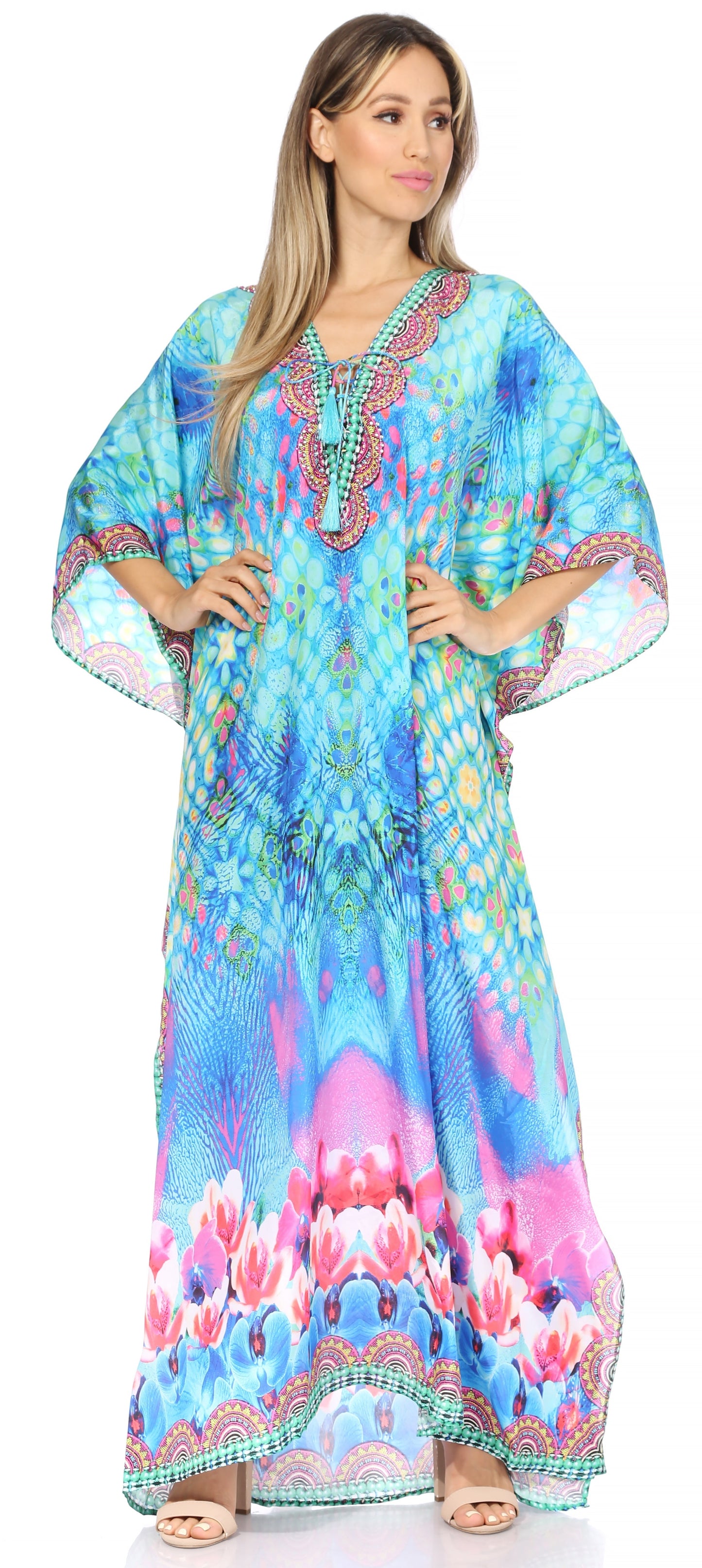 Sakkas Georgettina Flowy Rhinestone V Neck Long Caftan Dress/Cover Up - Concordia Style Boutique