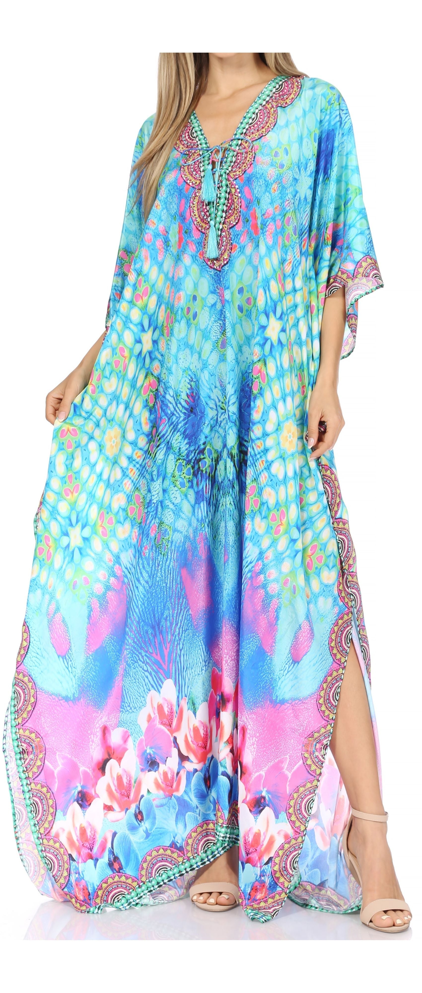 Sakkas Georgettina Flowy Rhinestone V Neck Long Caftan Dress/Cover Up - Concordia Style Boutique