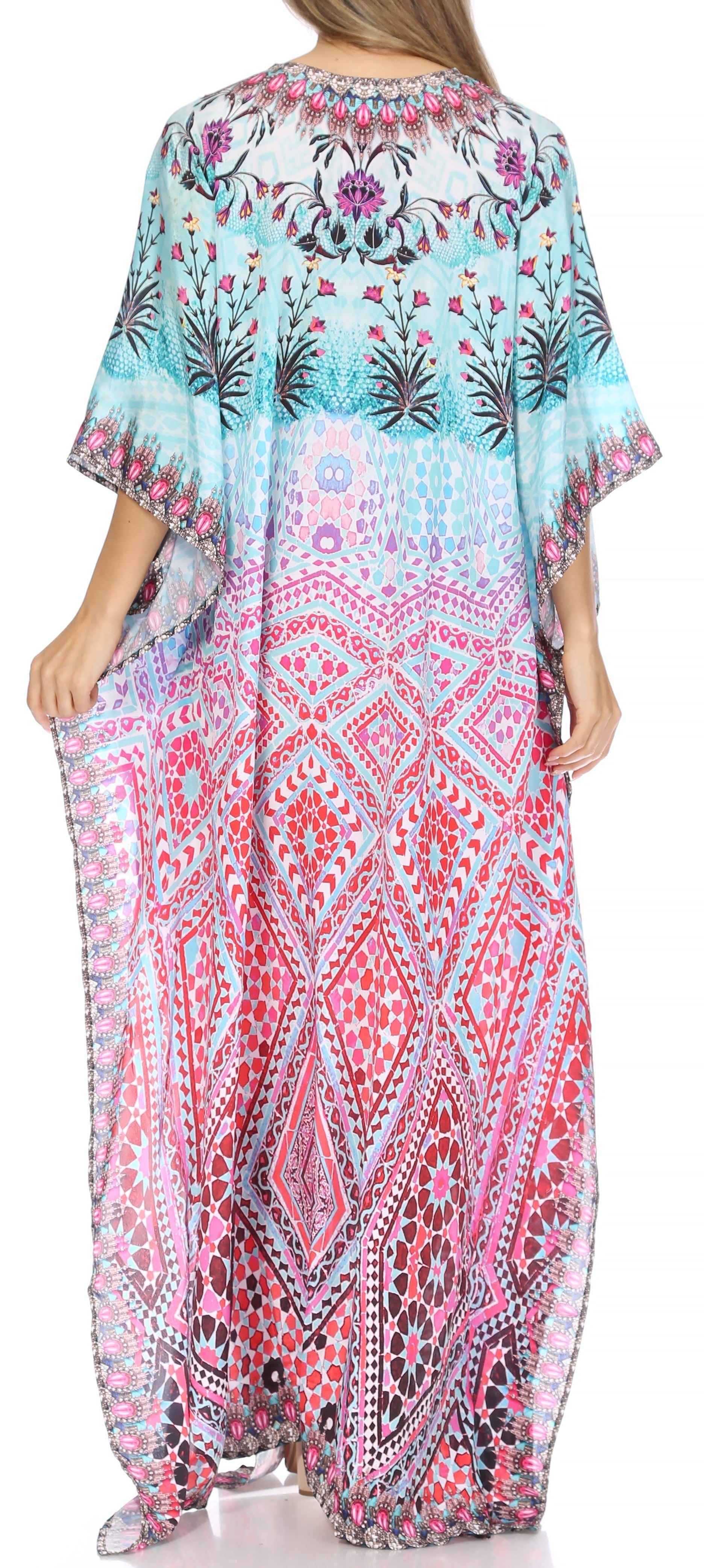 Sakkas Georgettina Flowy Rhinestone V Neck Long Caftan Dress/Cover Up - Concordia Style Boutique