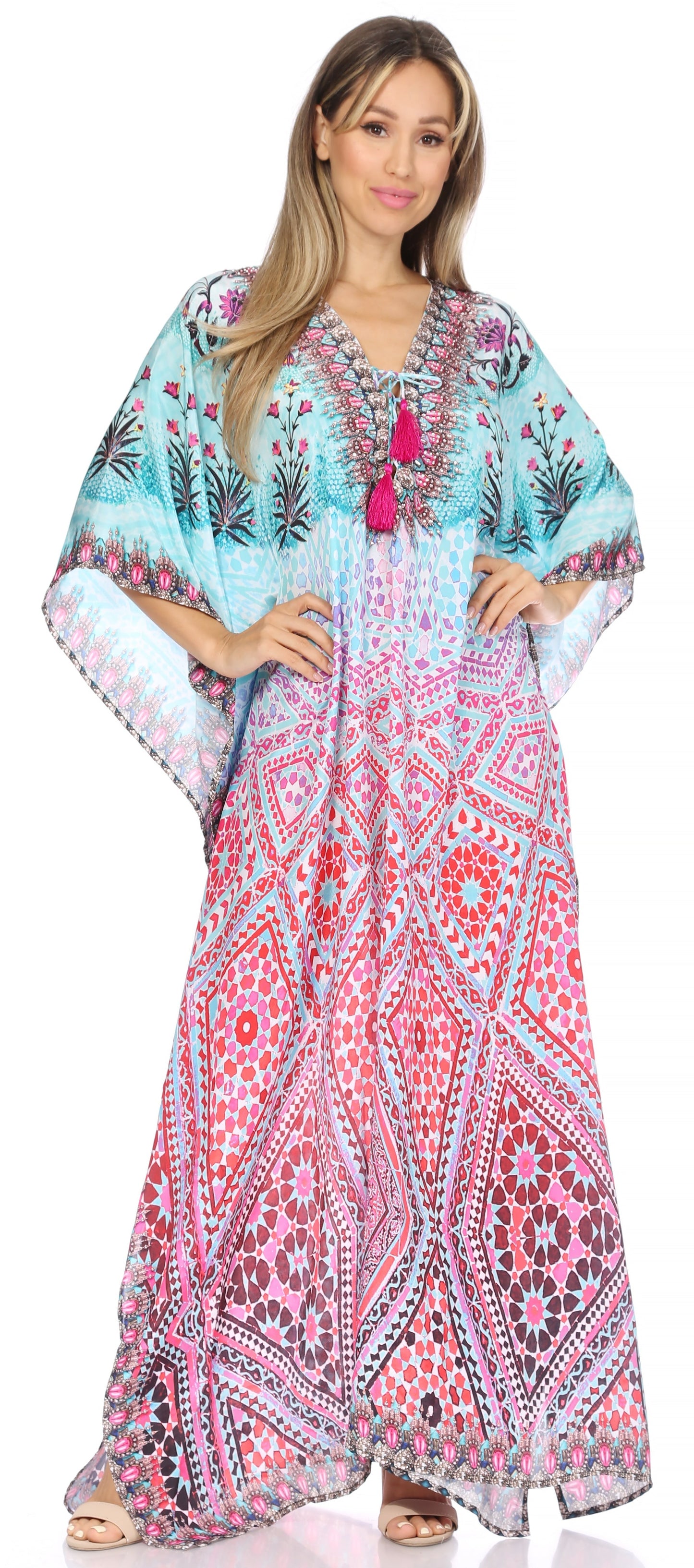 Sakkas Georgettina Flowy Rhinestone V Neck Long Caftan Dress/Cover Up - Concordia Style Boutique