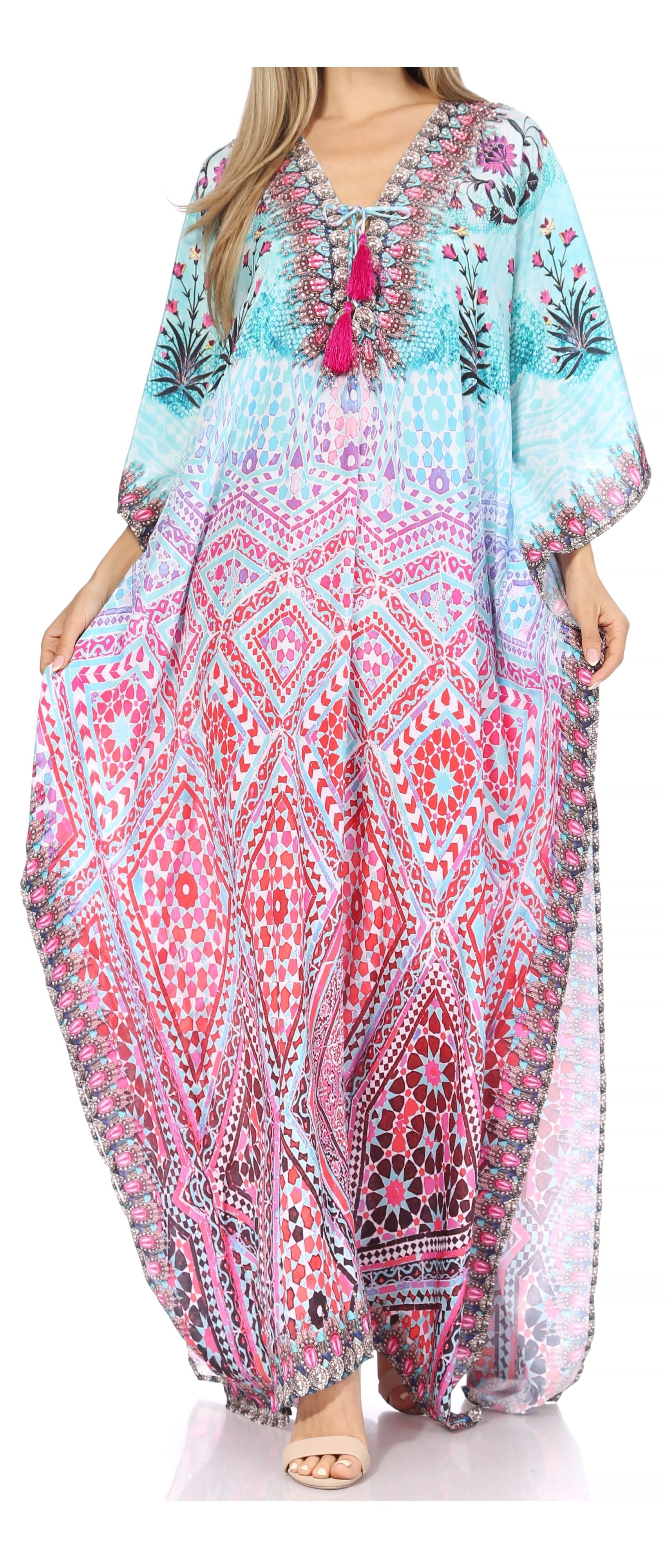 Sakkas Georgettina Flowy Rhinestone V Neck Long Caftan Dress/Cover Up - Concordia Style Boutique