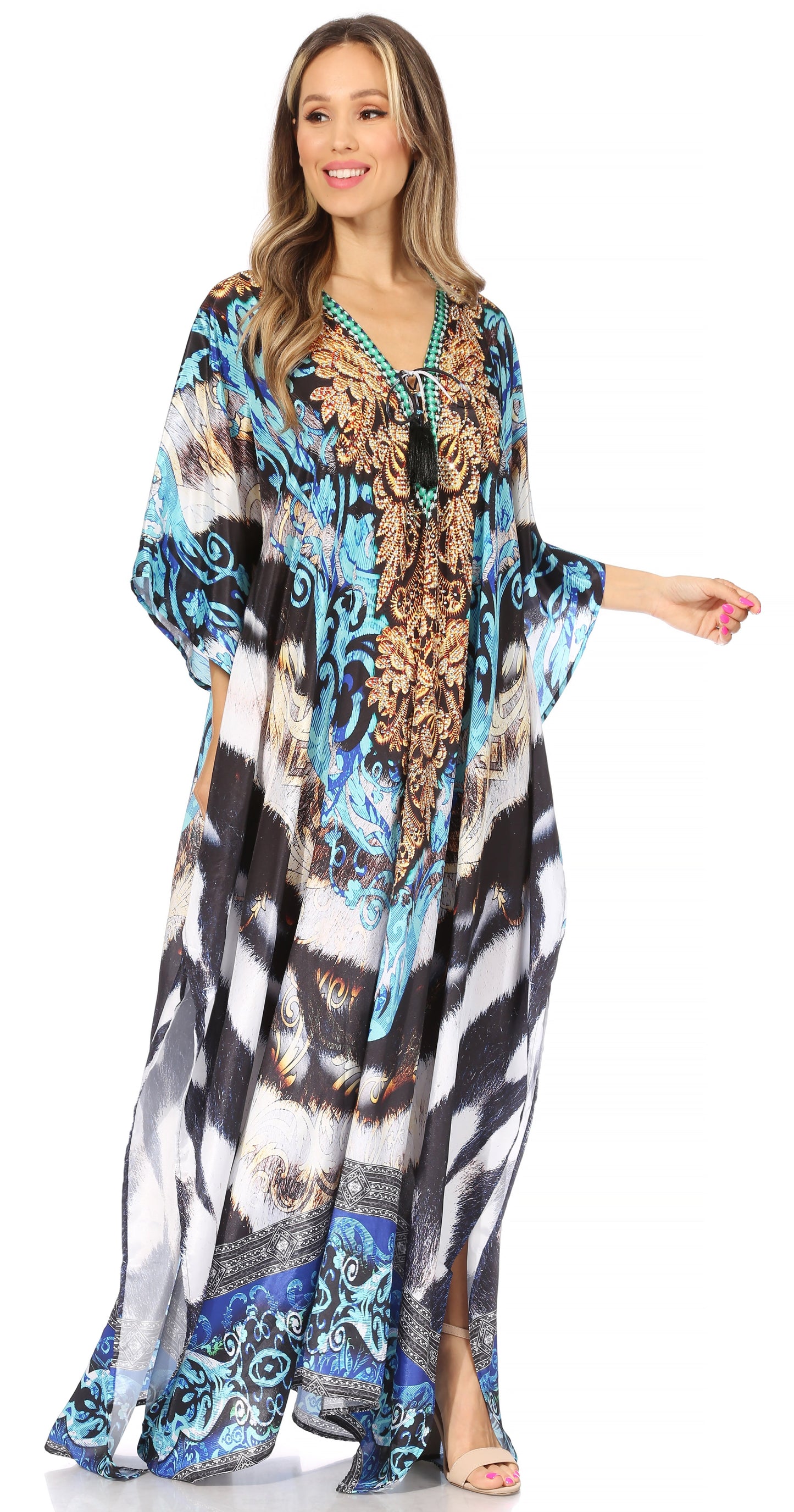 Sakkas Georgettina Flowy Rhinestone V Neck Long Caftan Dress/Cover Up - Concordia Style Boutique