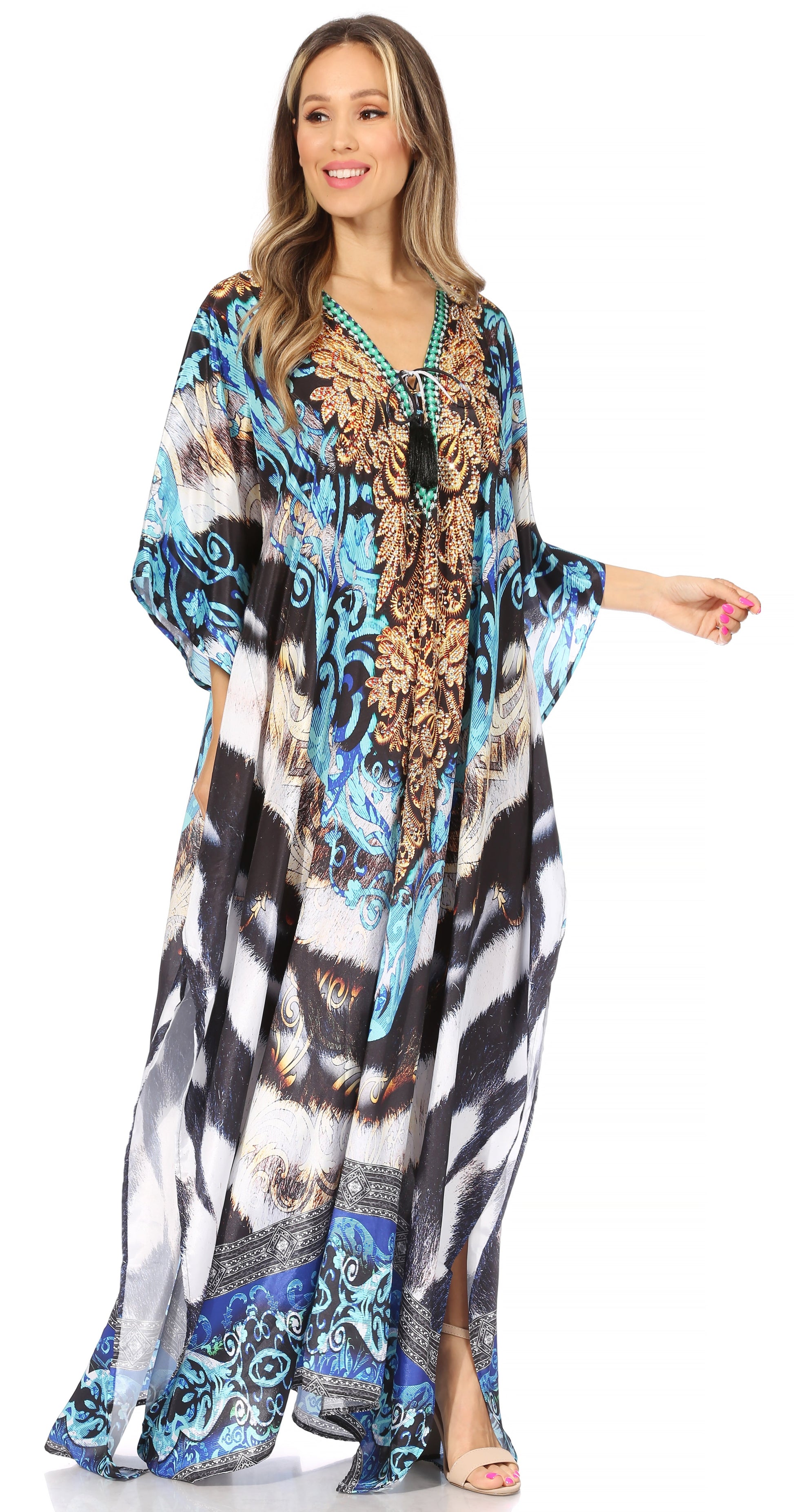 Sakkas Georgettina Flowy Rhinestone V Neck Long Caftan Dress/Cover Up - Concordia Style Boutique