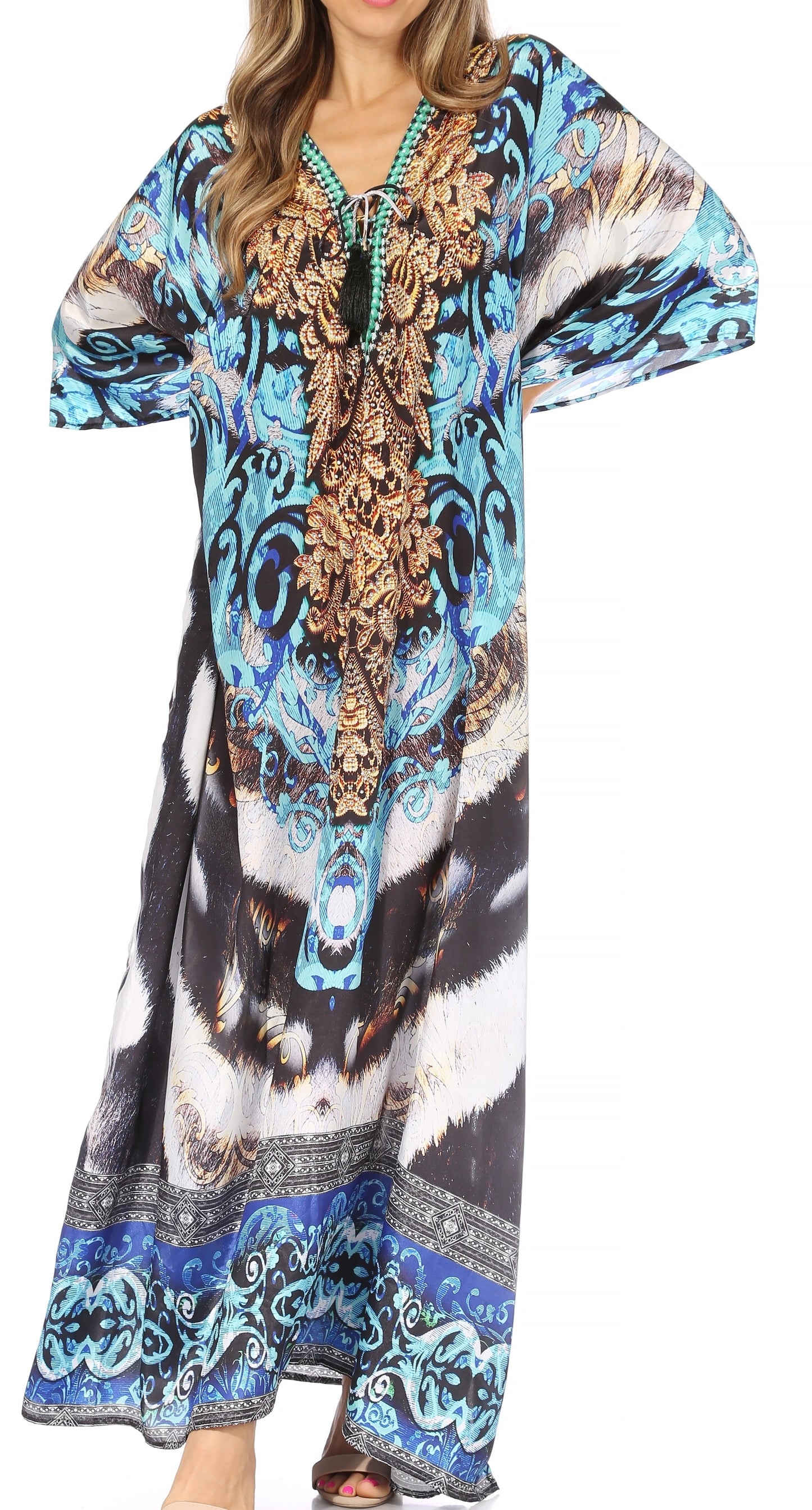 Sakkas Georgettina Flowy Rhinestone V Neck Long Caftan Dress/Cover Up - Concordia Style Boutique